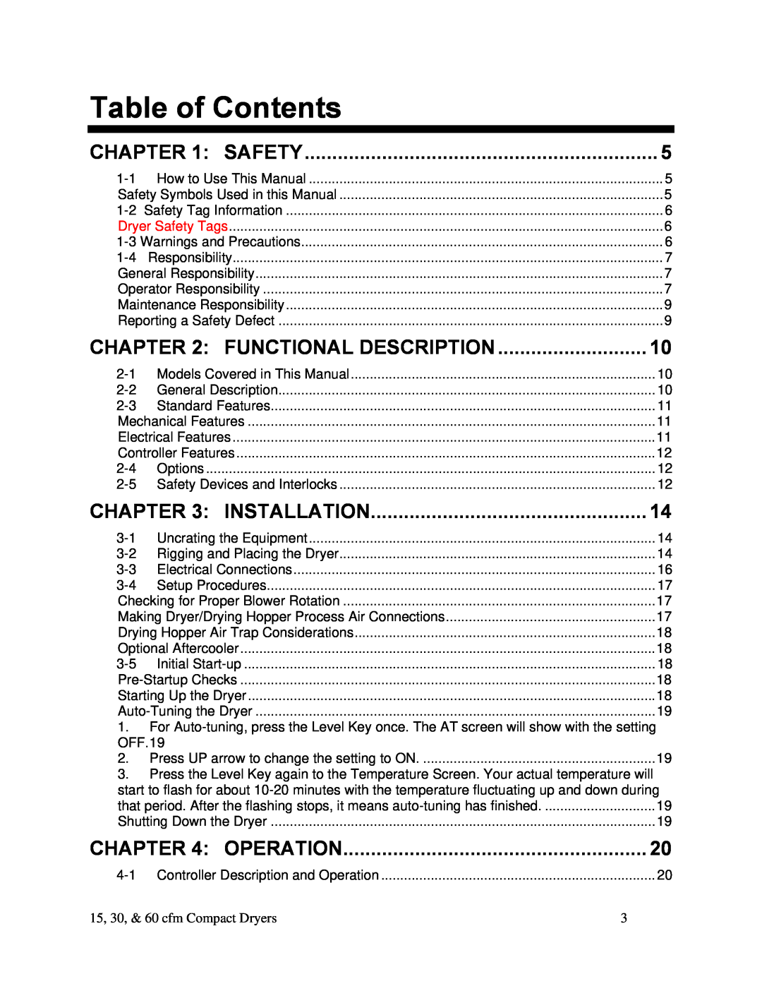 Sterling SDA Series 25-100 15 cfm, 60 cfm Table of Contents, Operation, Safety, Functional Description, Installation 