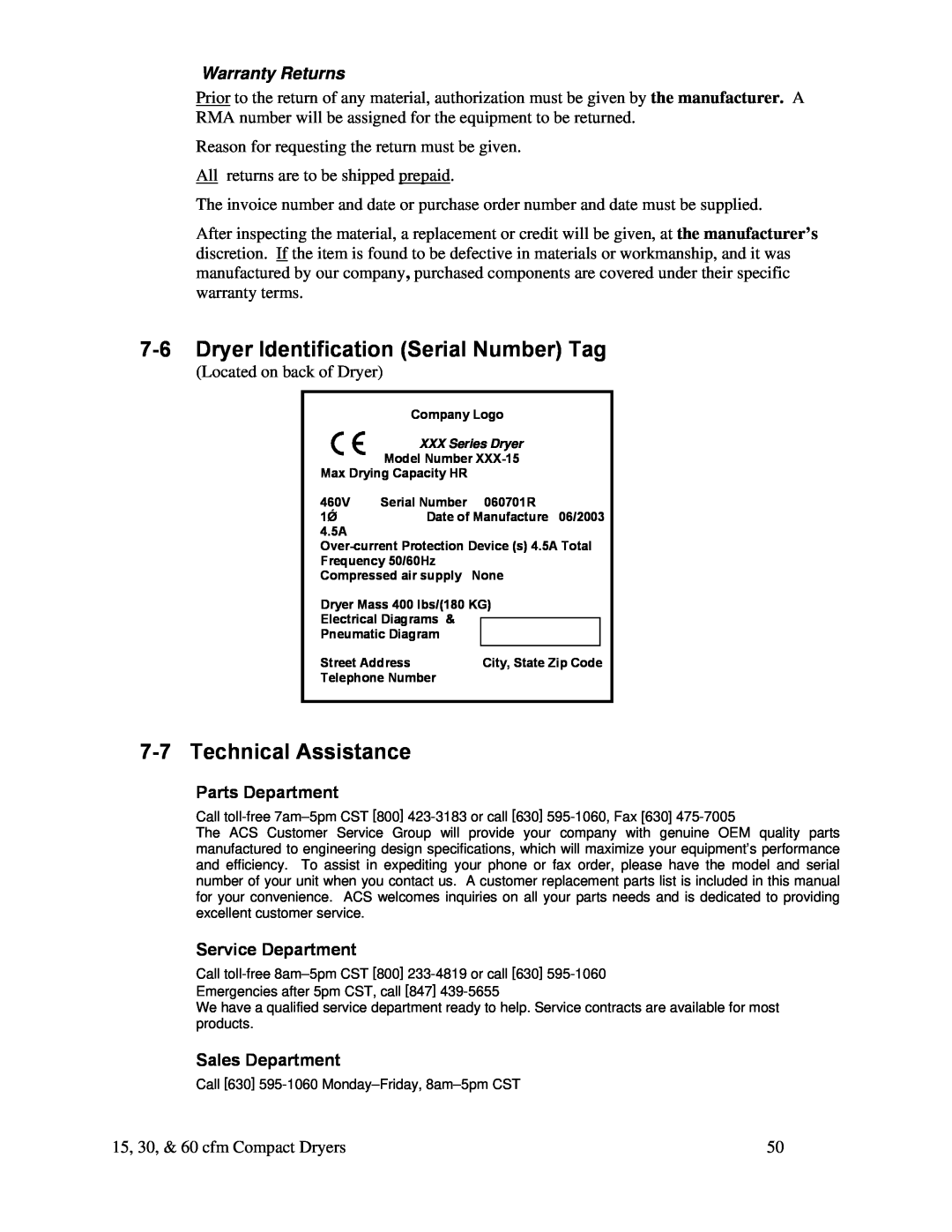 Sterling SDA Series 25-100 7-6Dryer Identification Serial Number Tag, 7-7Technical Assistance, Warranty Returns 