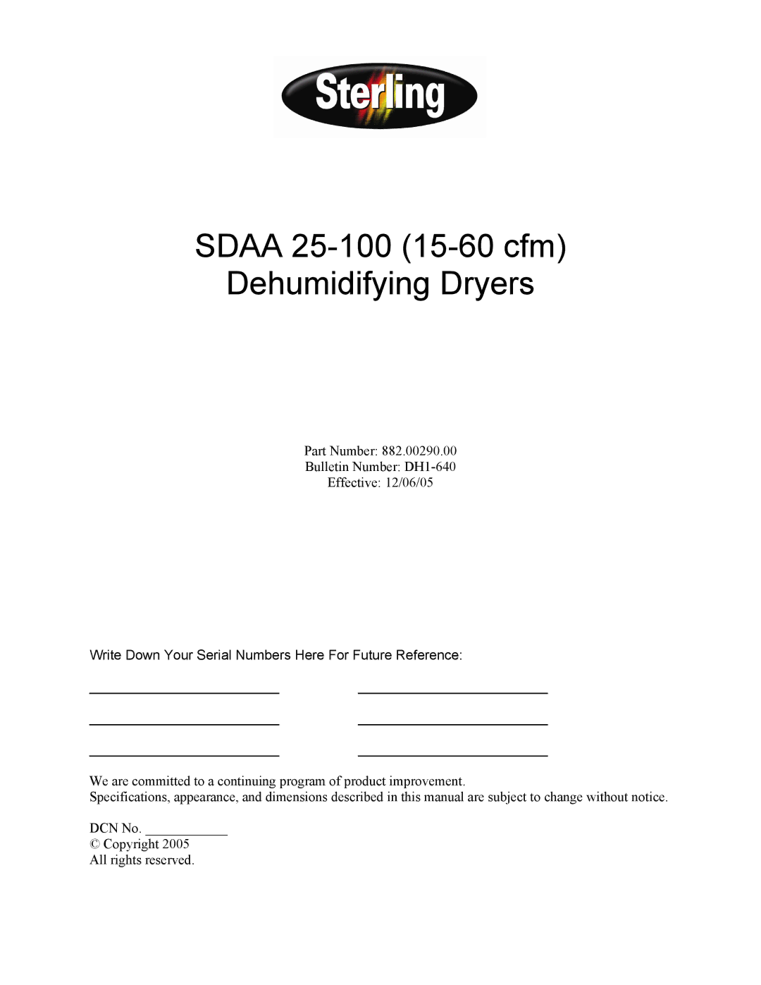 Sterling SDAA 25-100 specifications Sdaa 25-100 15-60 cfm Dehumidifying Dryers 