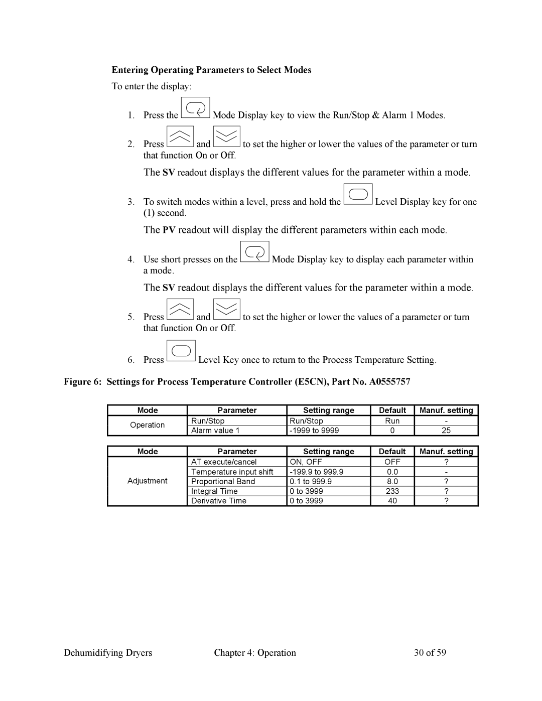 Sterling SDAA 25-100 specifications Entering Operating Parameters to Select Modes, On, Off 