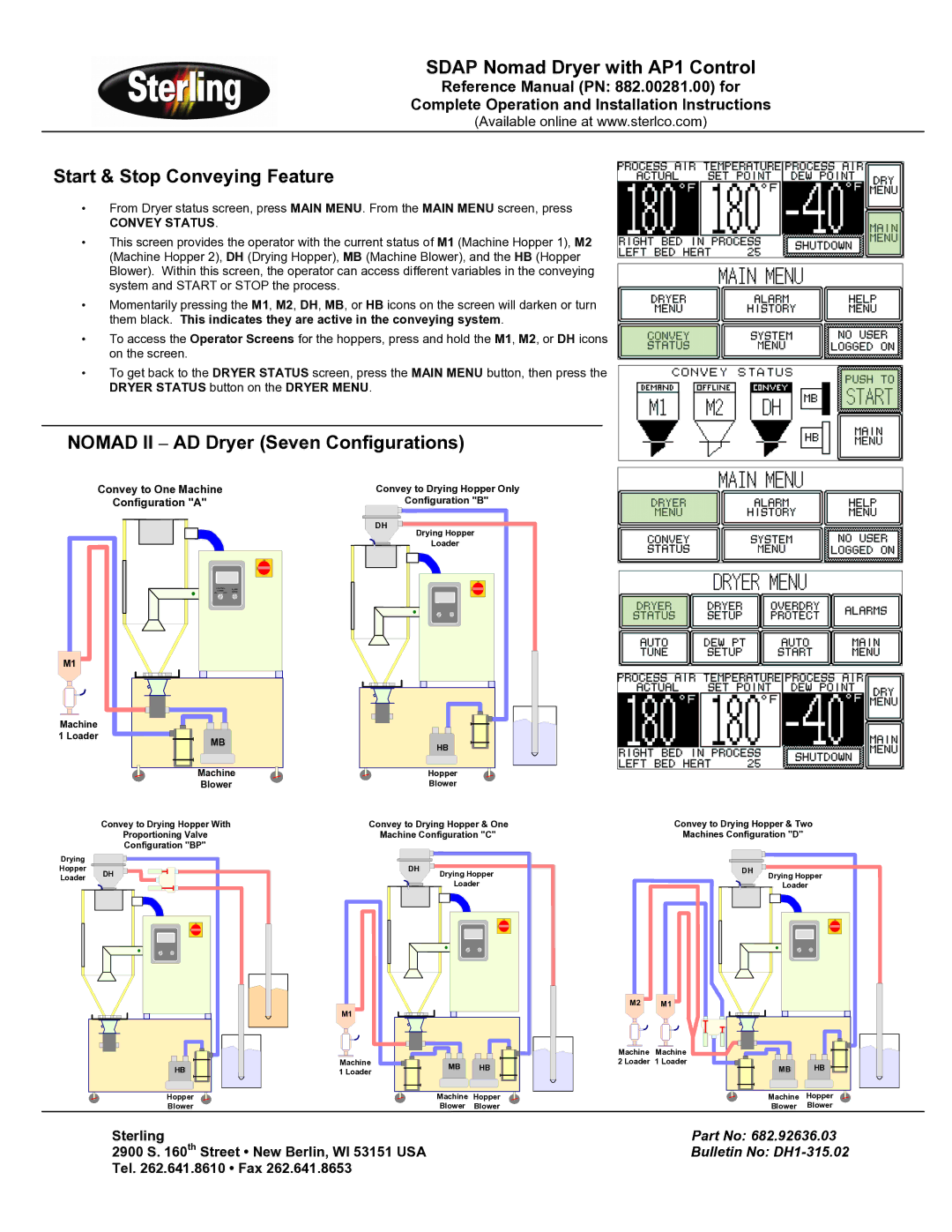 Sterling SDAP quick start Start & Stop Conveying Feature, Nomad II AD Dryer Seven Configurations 