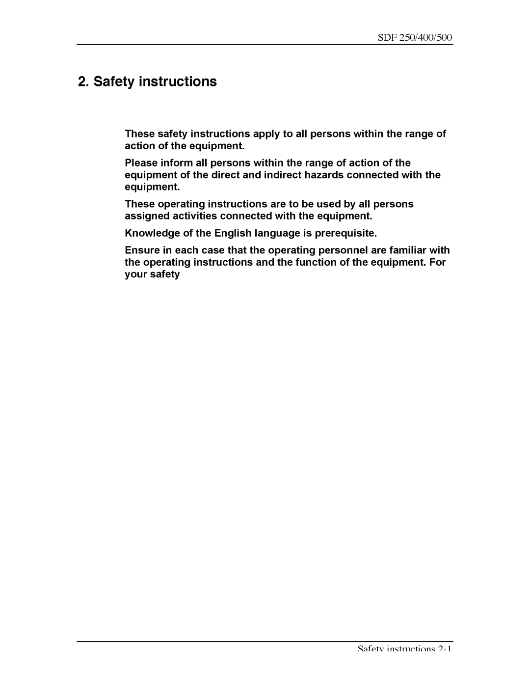 Sterling SDF 250, SDF 400, SDF 500 manual Safety instructions 