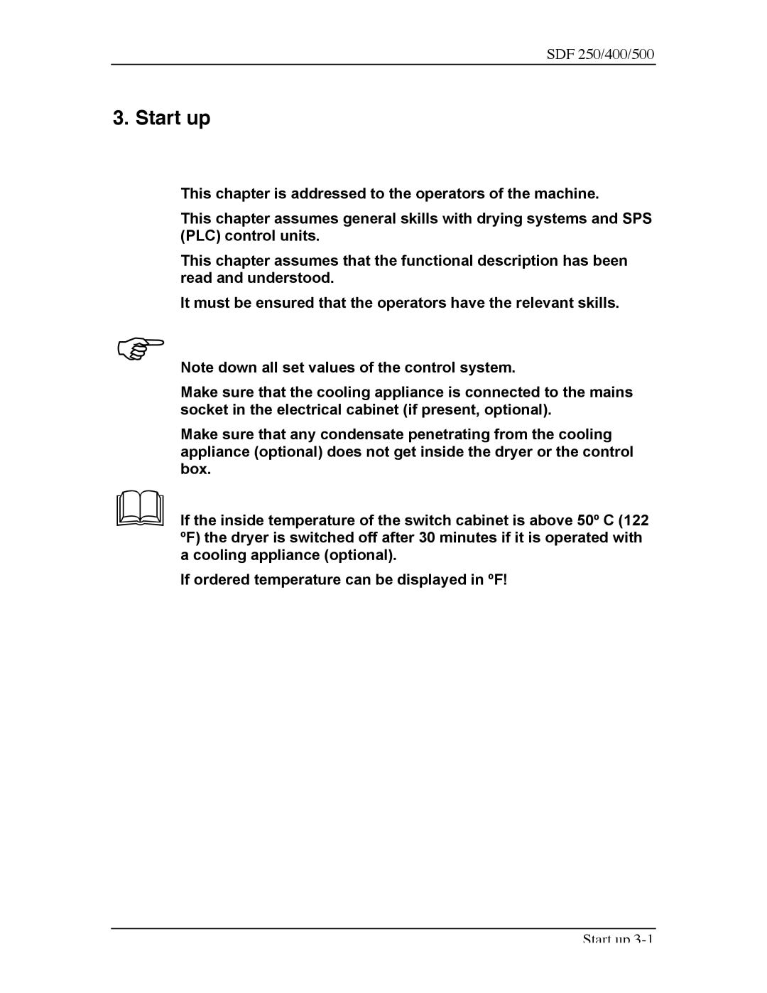 Sterling SDF 400, SDF 250, SDF 500 manual Start up 