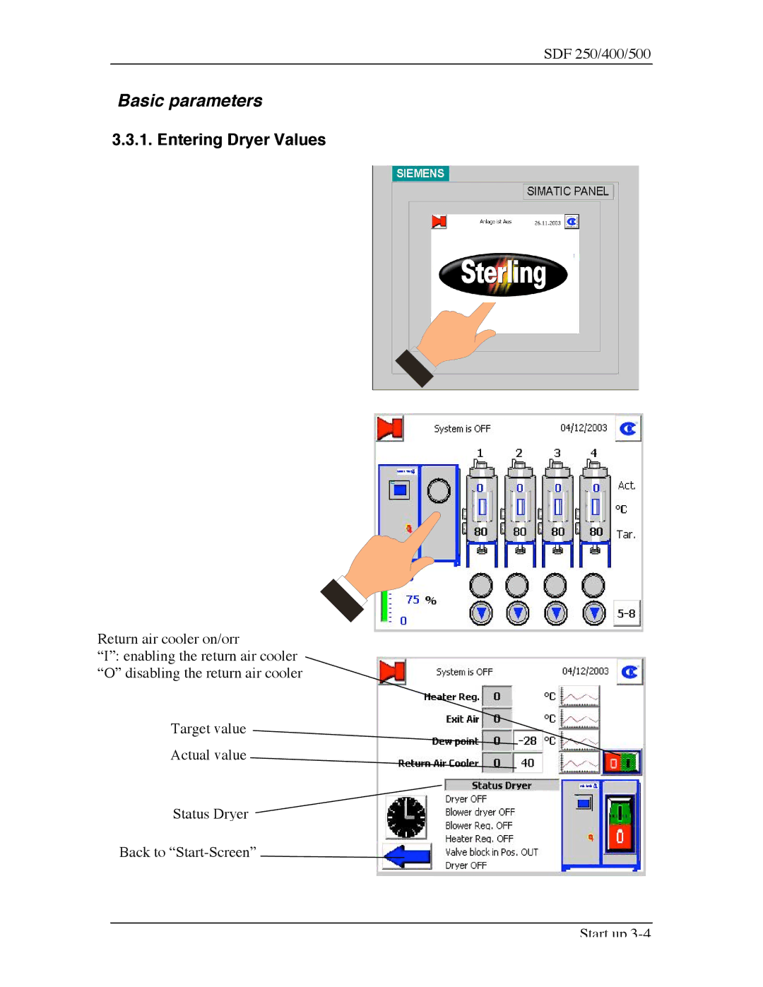 Sterling SDF 400, SDF 250, SDF 500 manual Basic parameters, Entering Dryer Values 