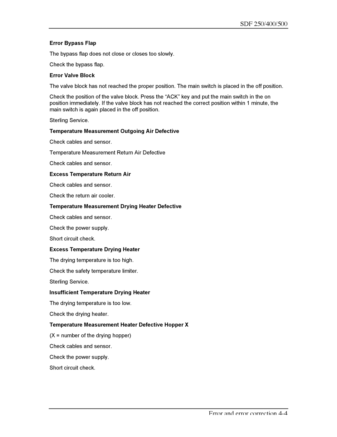 Sterling SDF 250, SDF 400, SDF 500 Error Bypass Flap, Error Valve Block, Temperature Measurement Outgoing Air Defective 