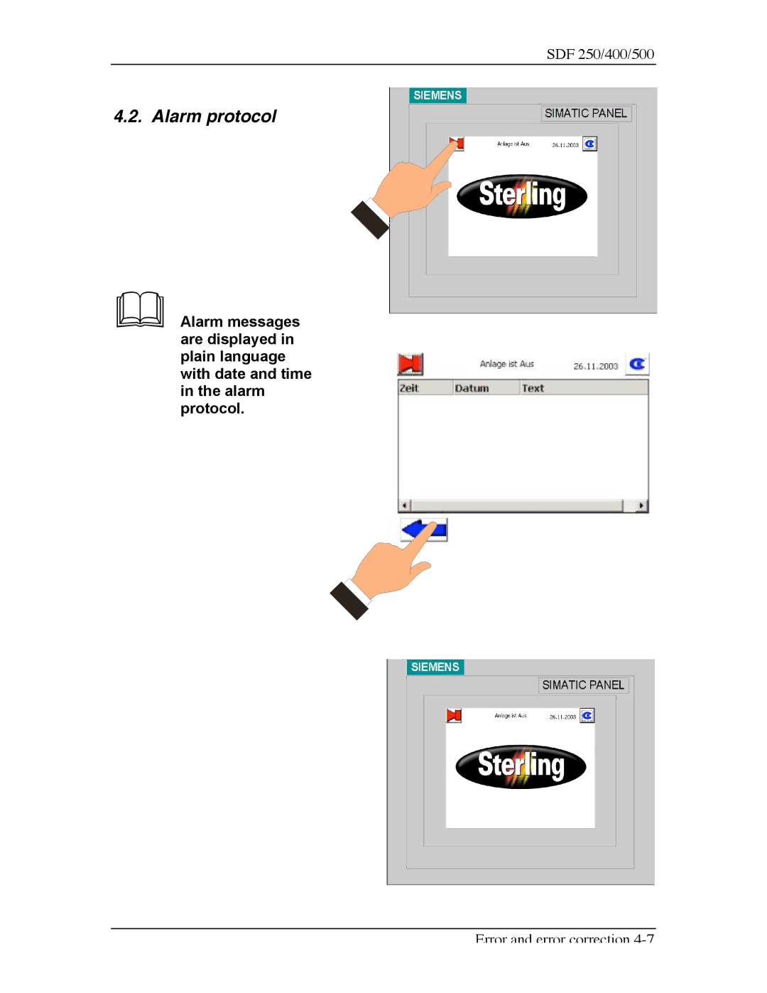 Sterling SDF 250, SDF 400, SDF 500 manual Alarm protocol 