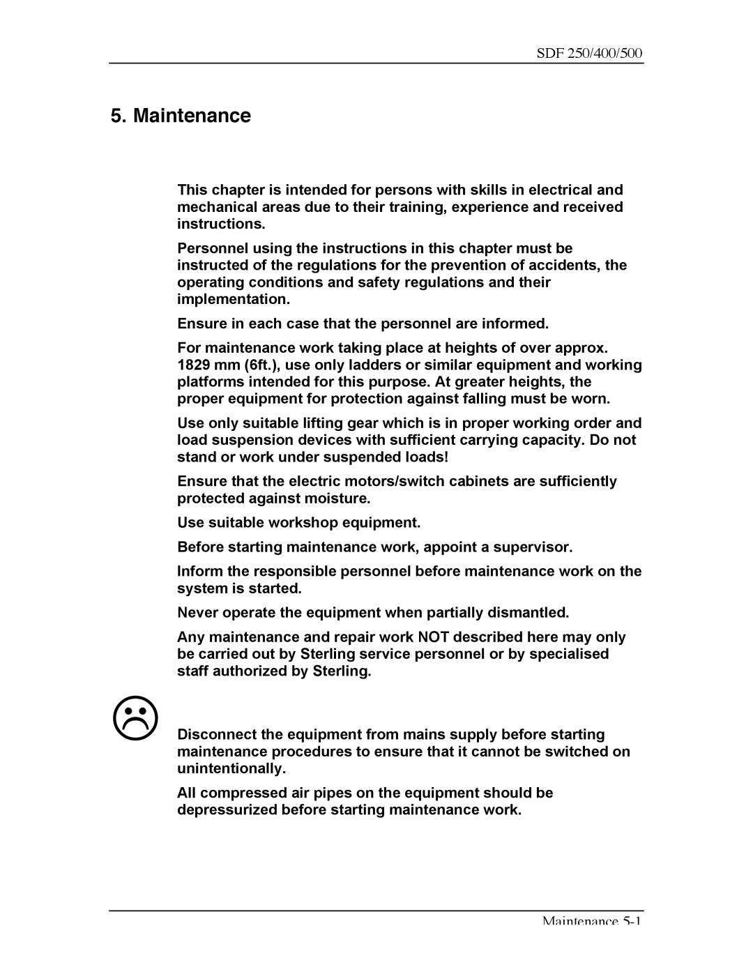 Sterling SDF 500, SDF 400, SDF 250 manual Maintenance 