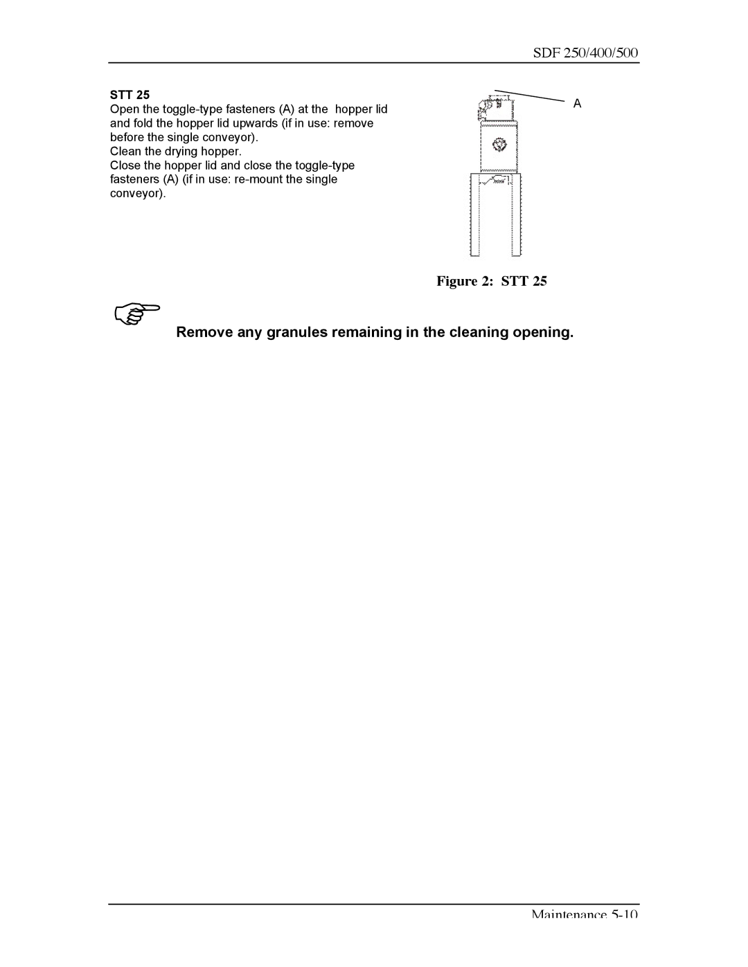 Sterling SDF 500, SDF 400, SDF 250 manual Remove any granules remaining in the cleaning opening, Stt 