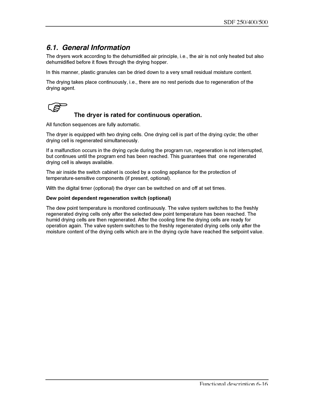 Sterling SDF 500, SDF 400, SDF 250 manual General Information, Dew point dependent regeneration switch optional 