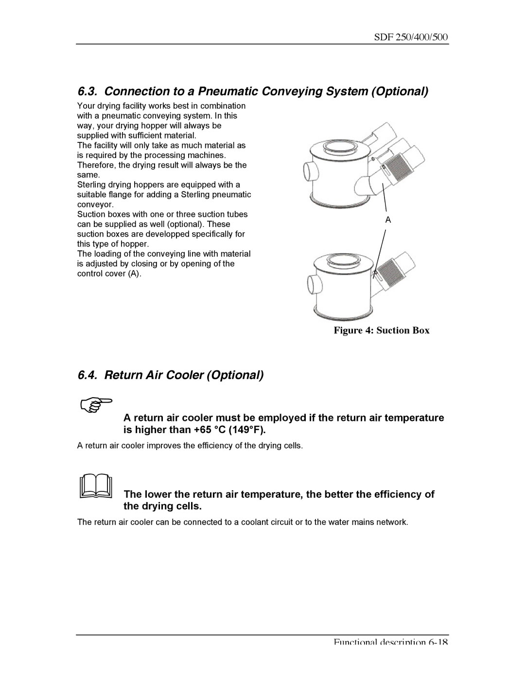 Sterling SDF 250, SDF 400, SDF 500 manual Connection to a Pneumatic Conveying System Optional, Return Air Cooler Optional 