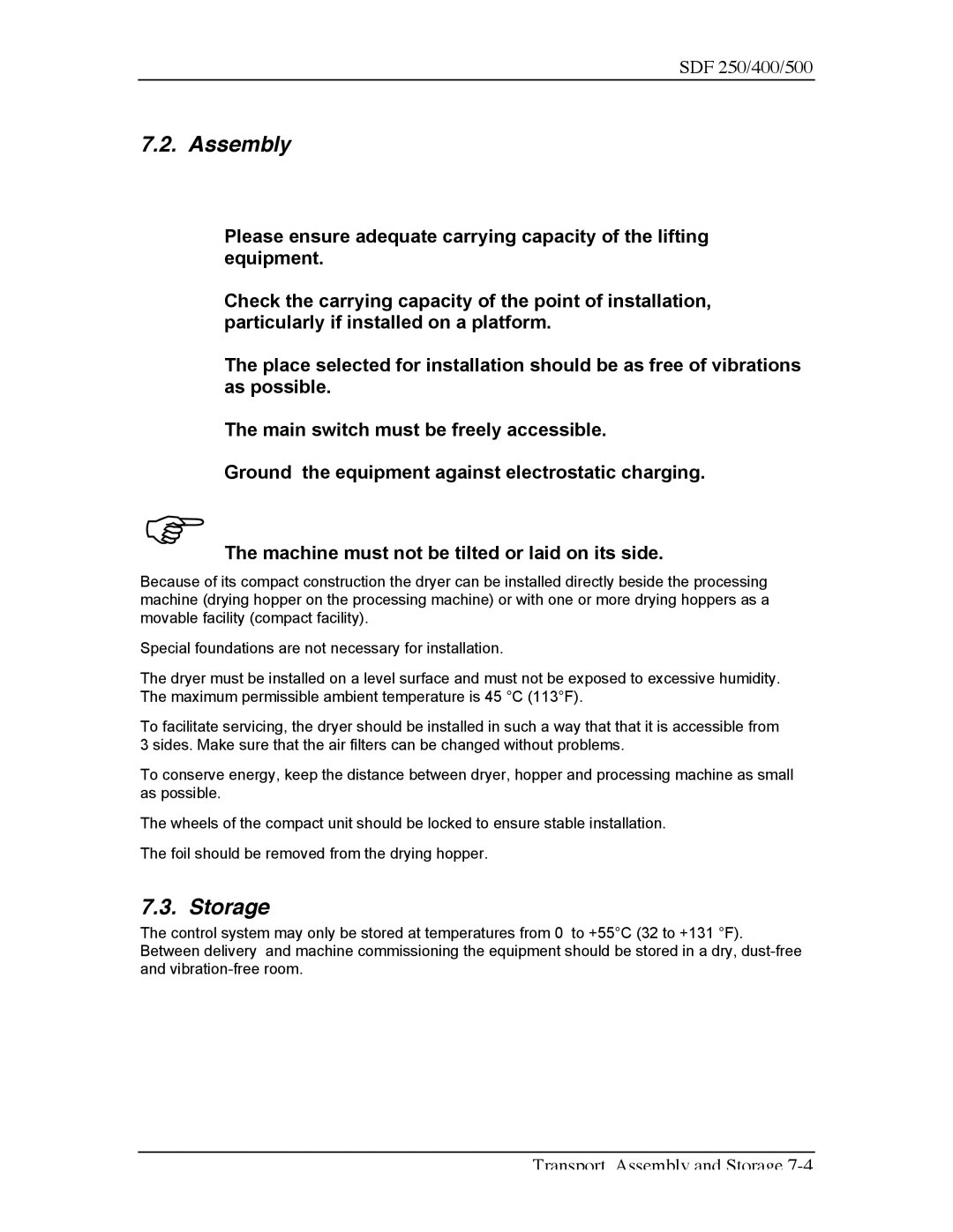 Sterling SDF 500, SDF 400, SDF 250 manual Assembly, Storage 