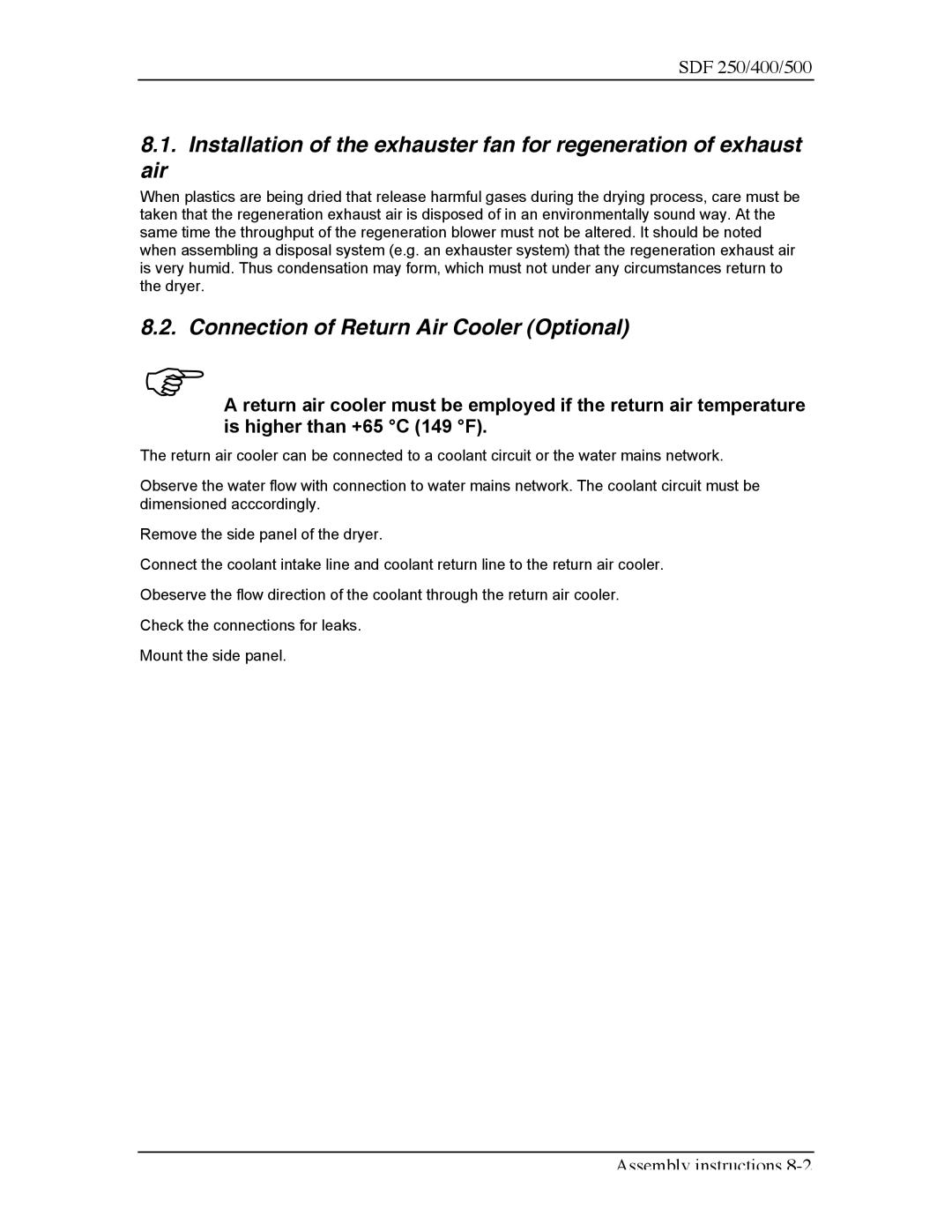 Sterling SDF 250, SDF 400, SDF 500 manual Connection of Return Air Cooler Optional 