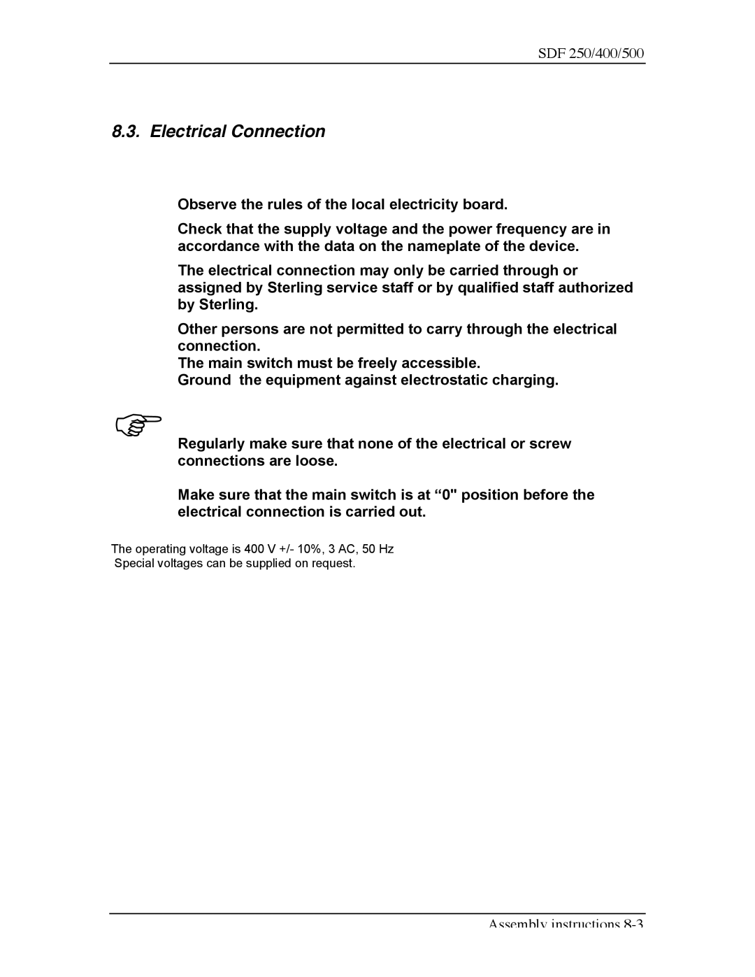 Sterling SDF 500, SDF 400, SDF 250 manual Electrical Connection 