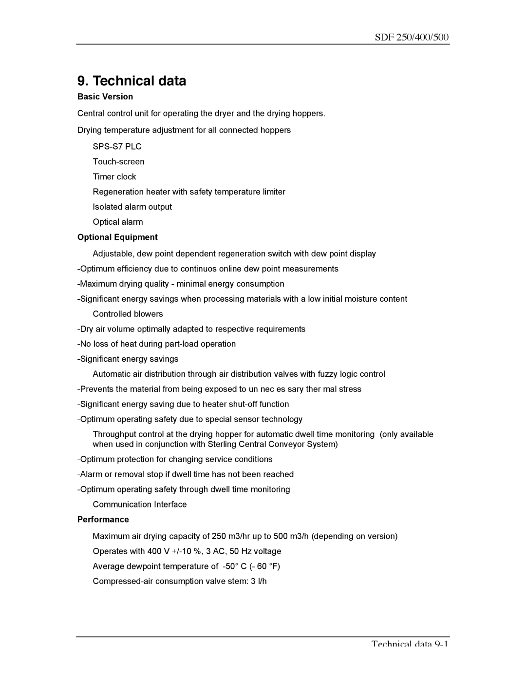 Sterling SDF 250, SDF 400, SDF 500 manual Technical data, Basic Version, Optional Equipment, Performance 