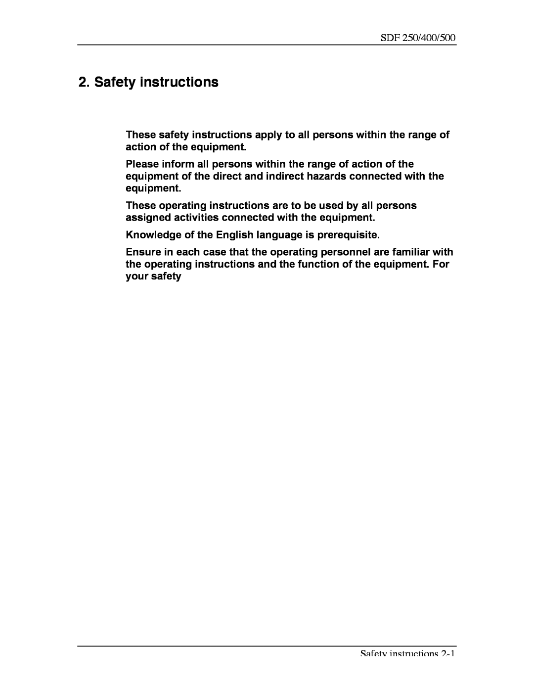 Sterling SDF 250, SDF 400, SDF 500 manual Safety instructions 