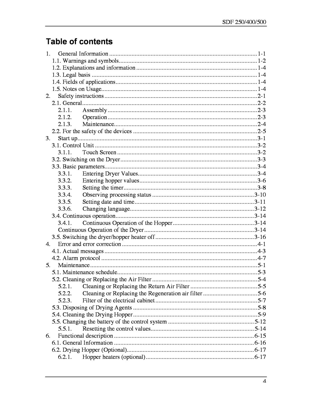 Sterling SDF 250, SDF 400, SDF 500 manual Table of contents 