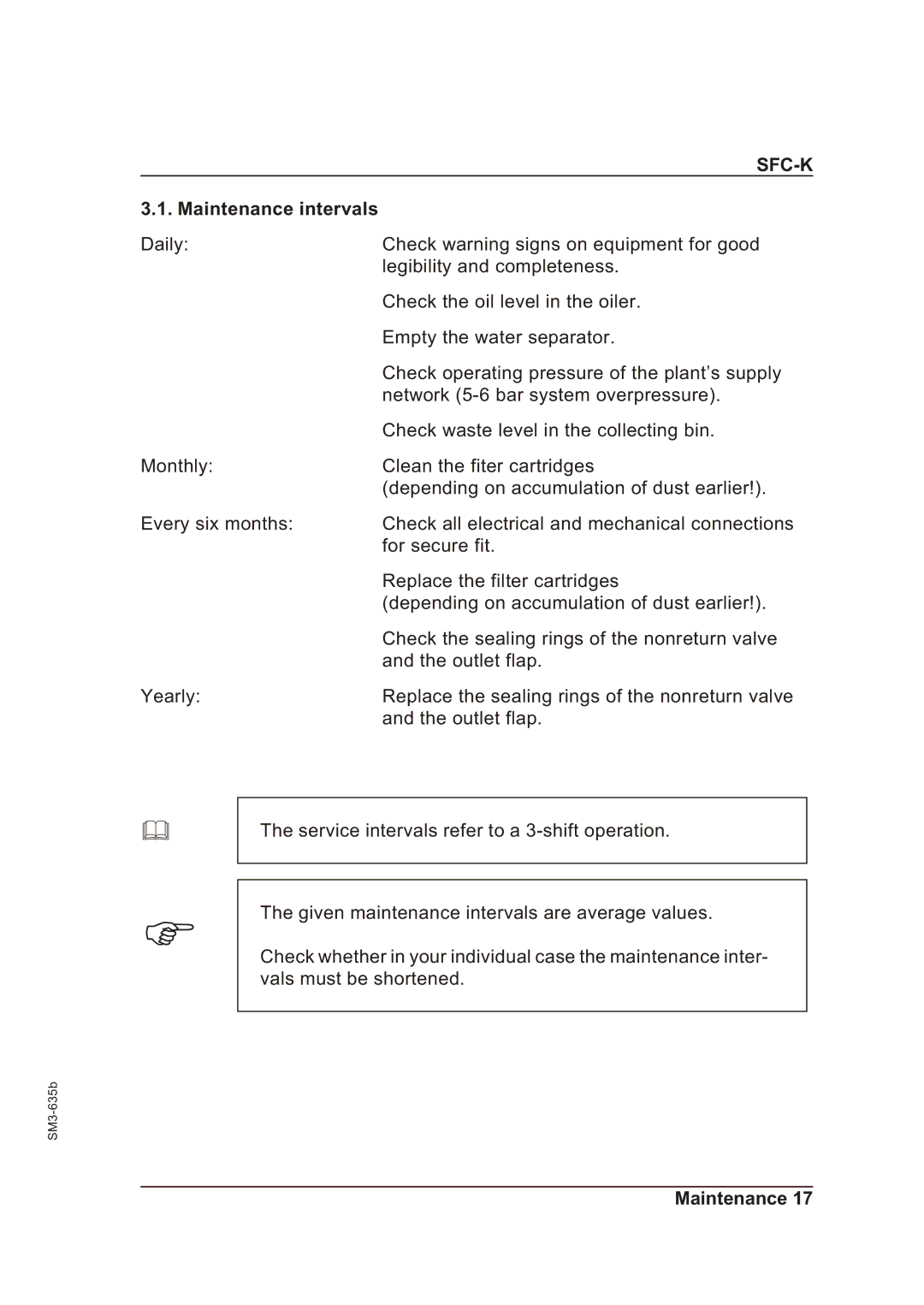 Sterling SFC-K 50, SFC-K 40 operating instructions Maintenance intervals 