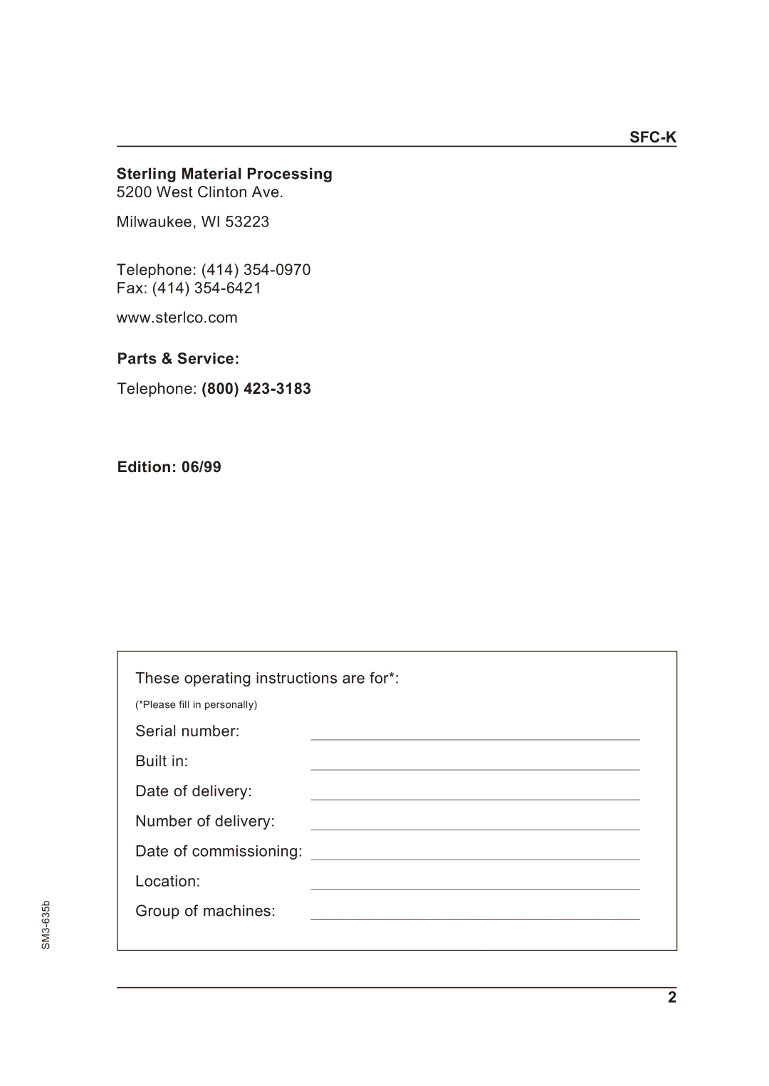 Sterling SFC-K 50, SFC-K 40 operating instructions Sfc-K, Parts & Service Telephone 800 Edition 06/99 