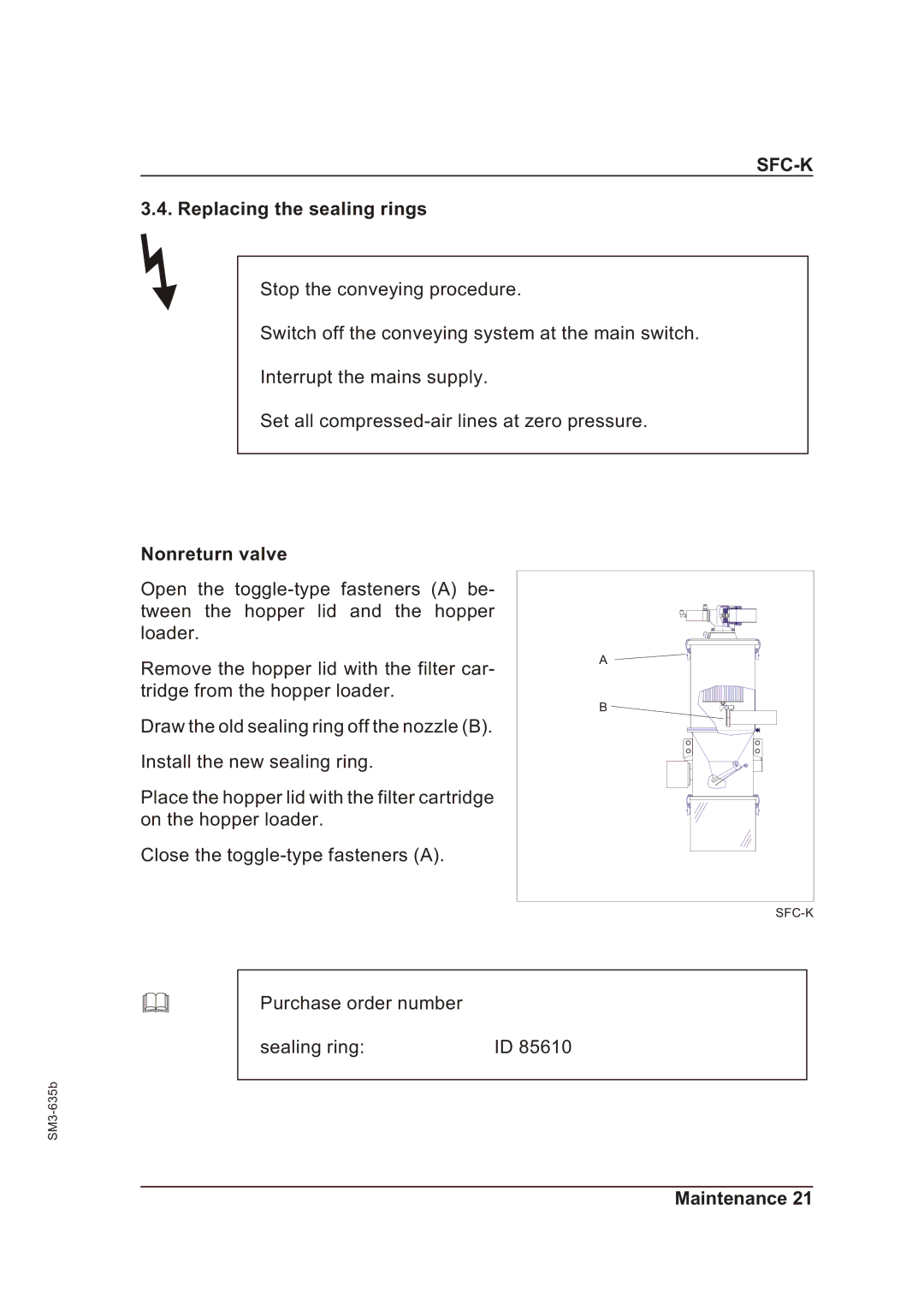 Sterling SFC-K 50, SFC-K 40 operating instructions Replacing the sealing rings, Nonreturn valve 