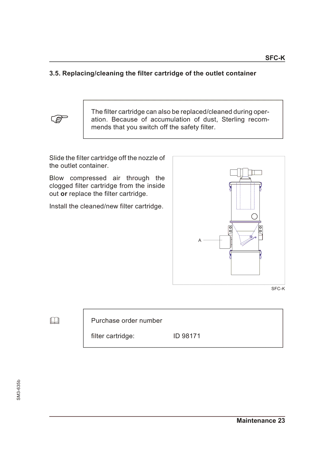 Sterling SFC-K 50, SFC-K 40 operating instructions Purchase order number Filter cartridge 