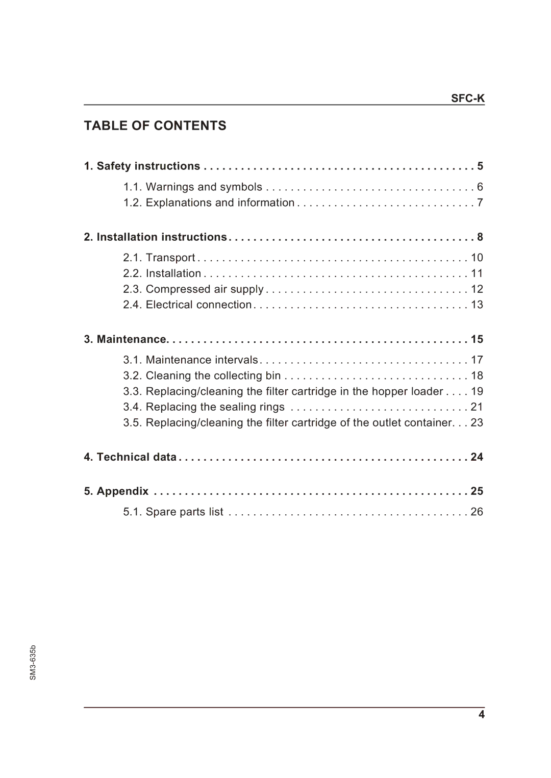 Sterling SFC-K 40, SFC-K 50 operating instructions Table of Contents 