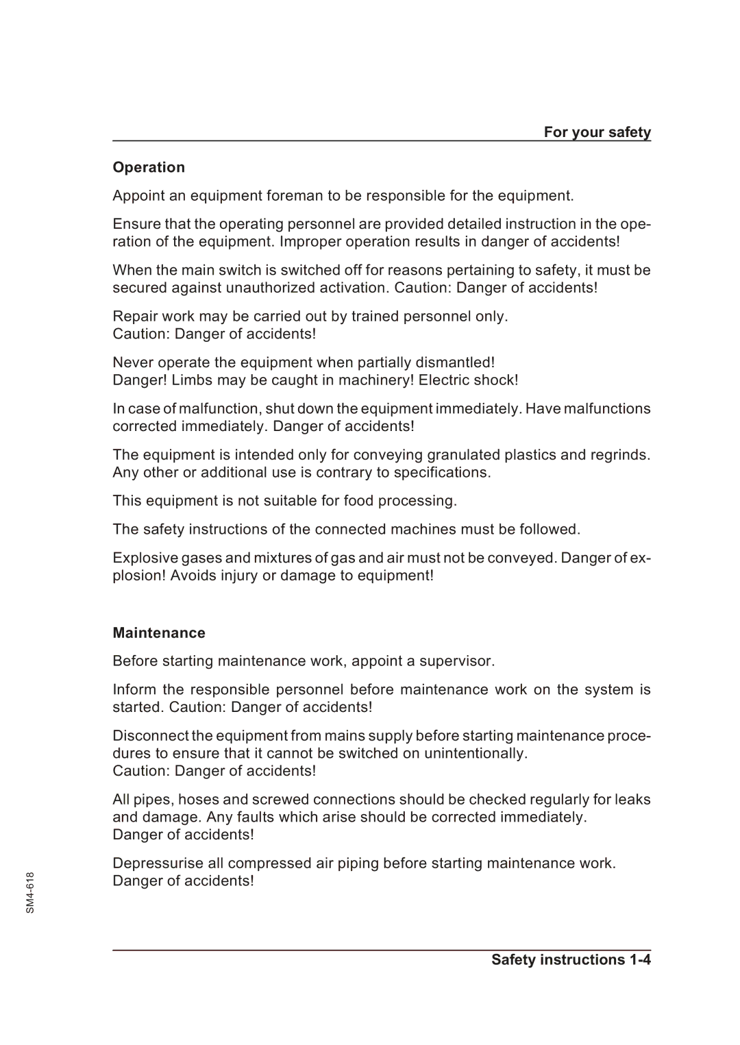 Sterling SGFE operating instructions For your safety Operation, Maintenance 