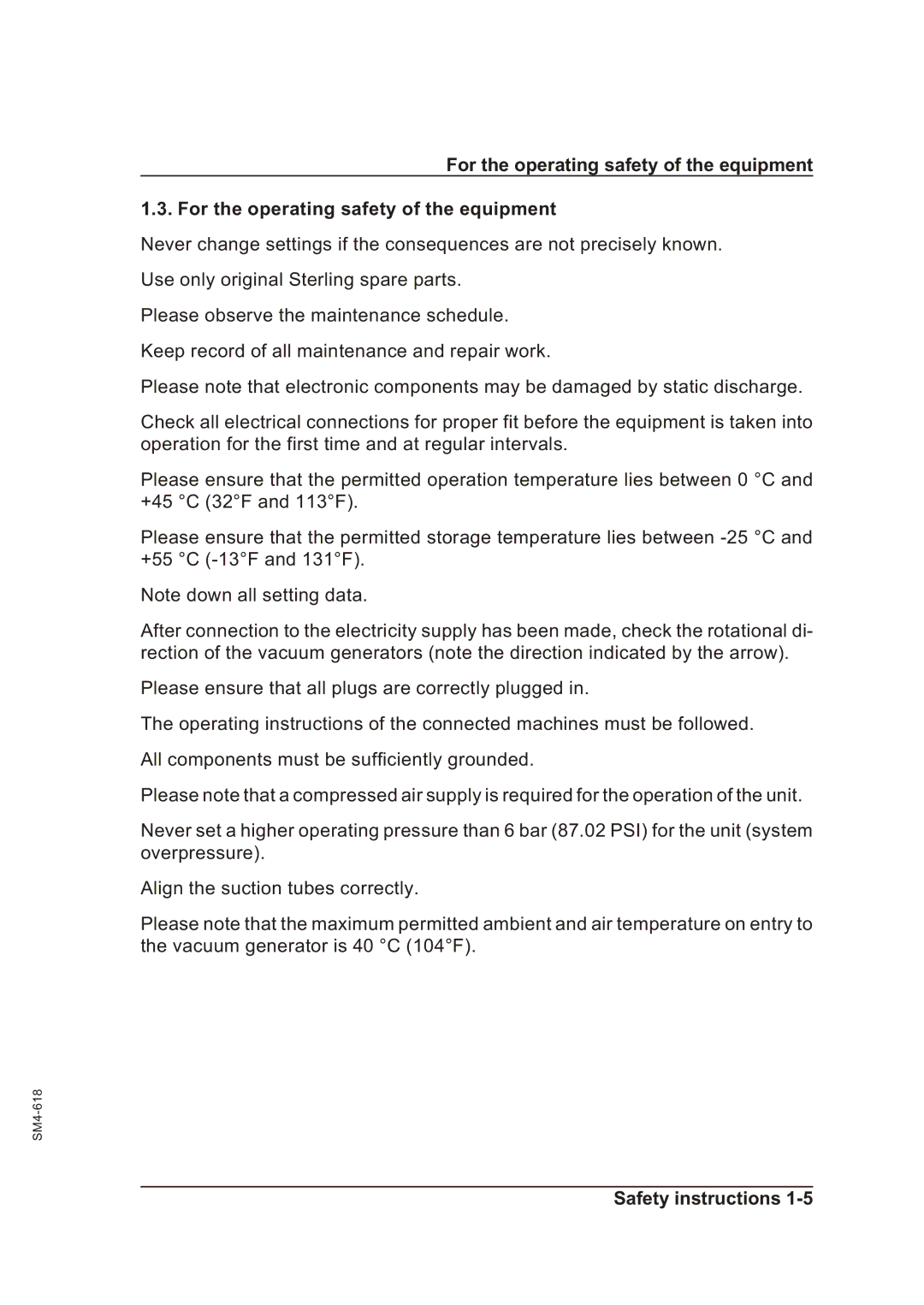 Sterling SGFE operating instructions For the operating safety of the equipment 