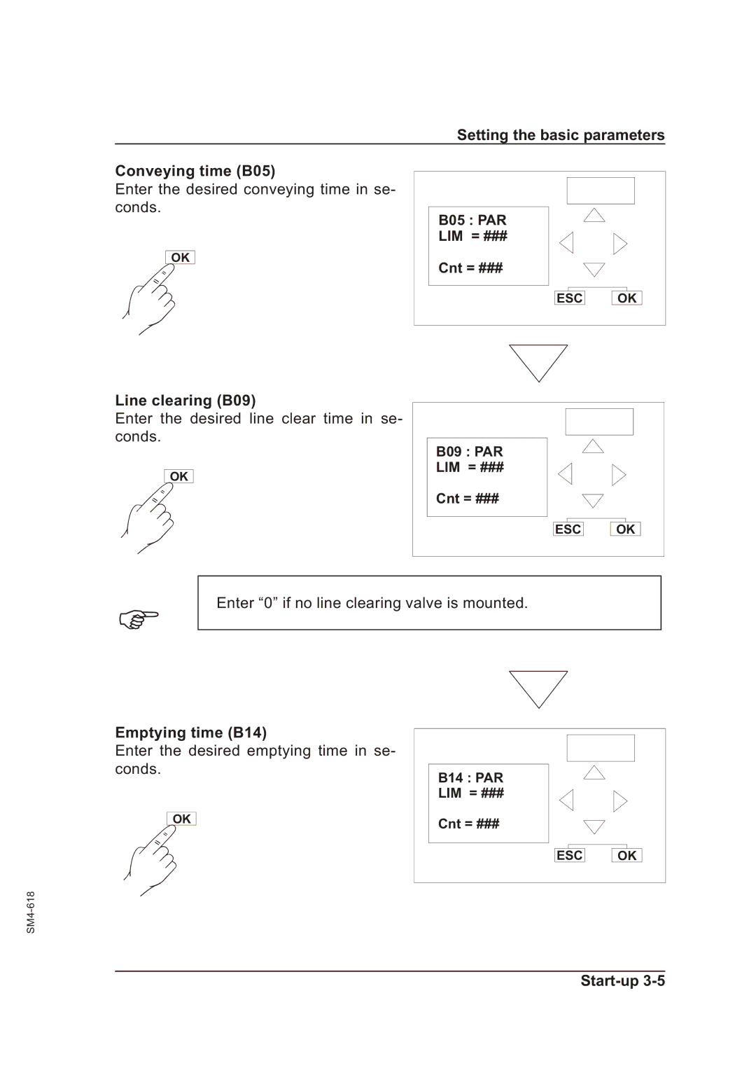 Sterling SGFE operating instructions Setting the basic parameters Conveying time B05, Line clearing B09, Emptying time B14 