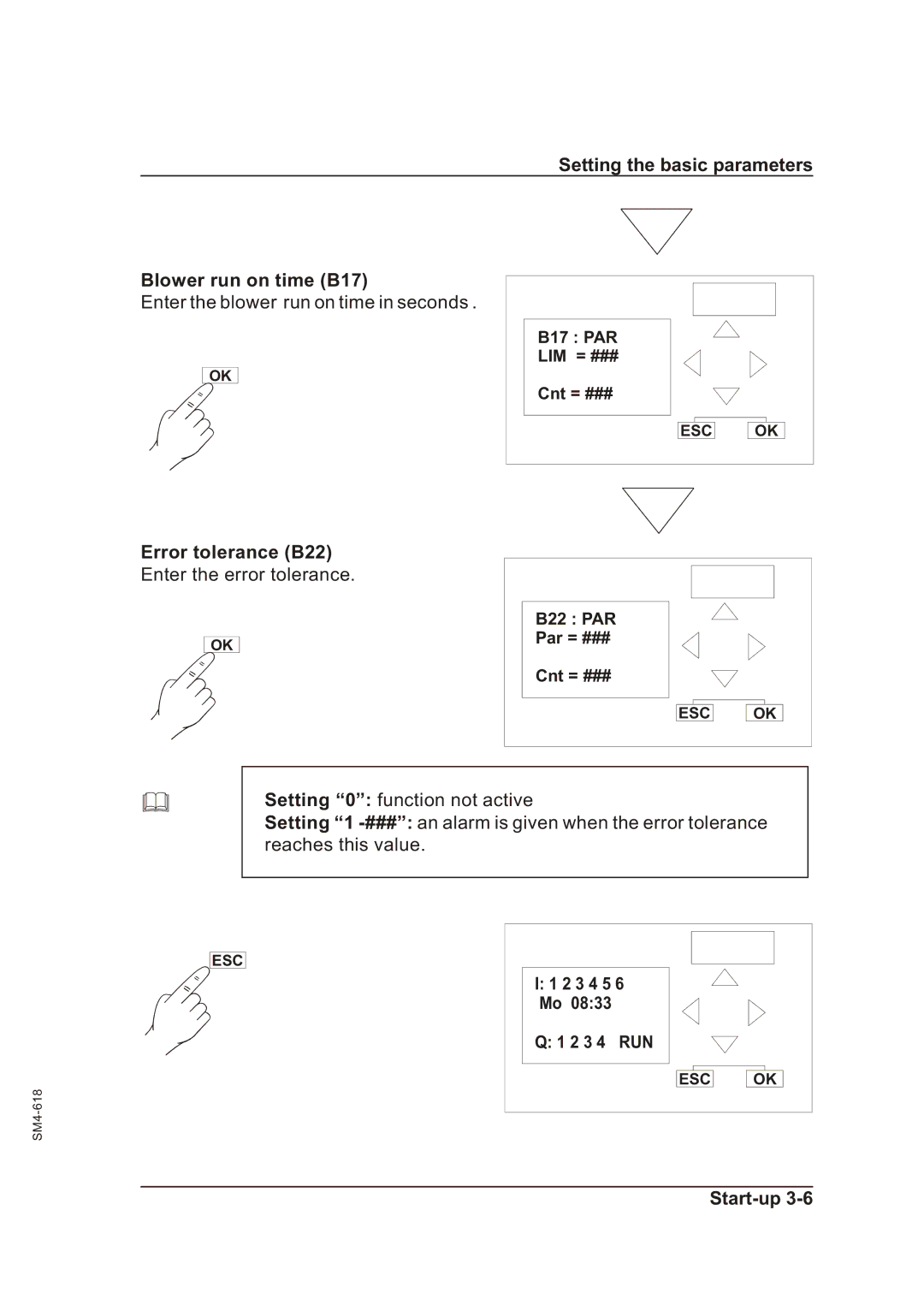 Sterling SGFE operating instructions Setting the basic parameters Blower run on time B17, Error tolerance B22 