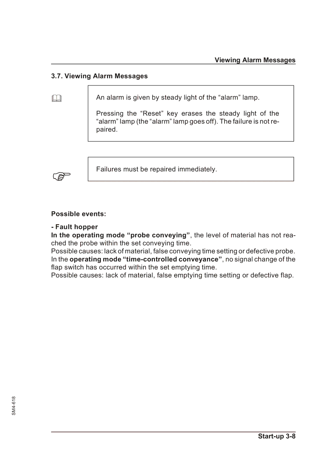 Sterling SGFE operating instructions Viewing Alarm Messages, Possible events Fault hopper 