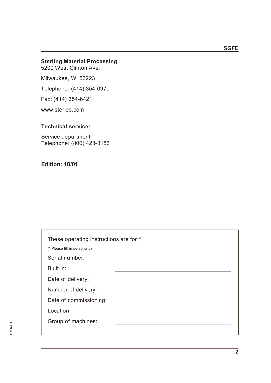 Sterling SGFE operating instructions Technical service, Edition 10/01 