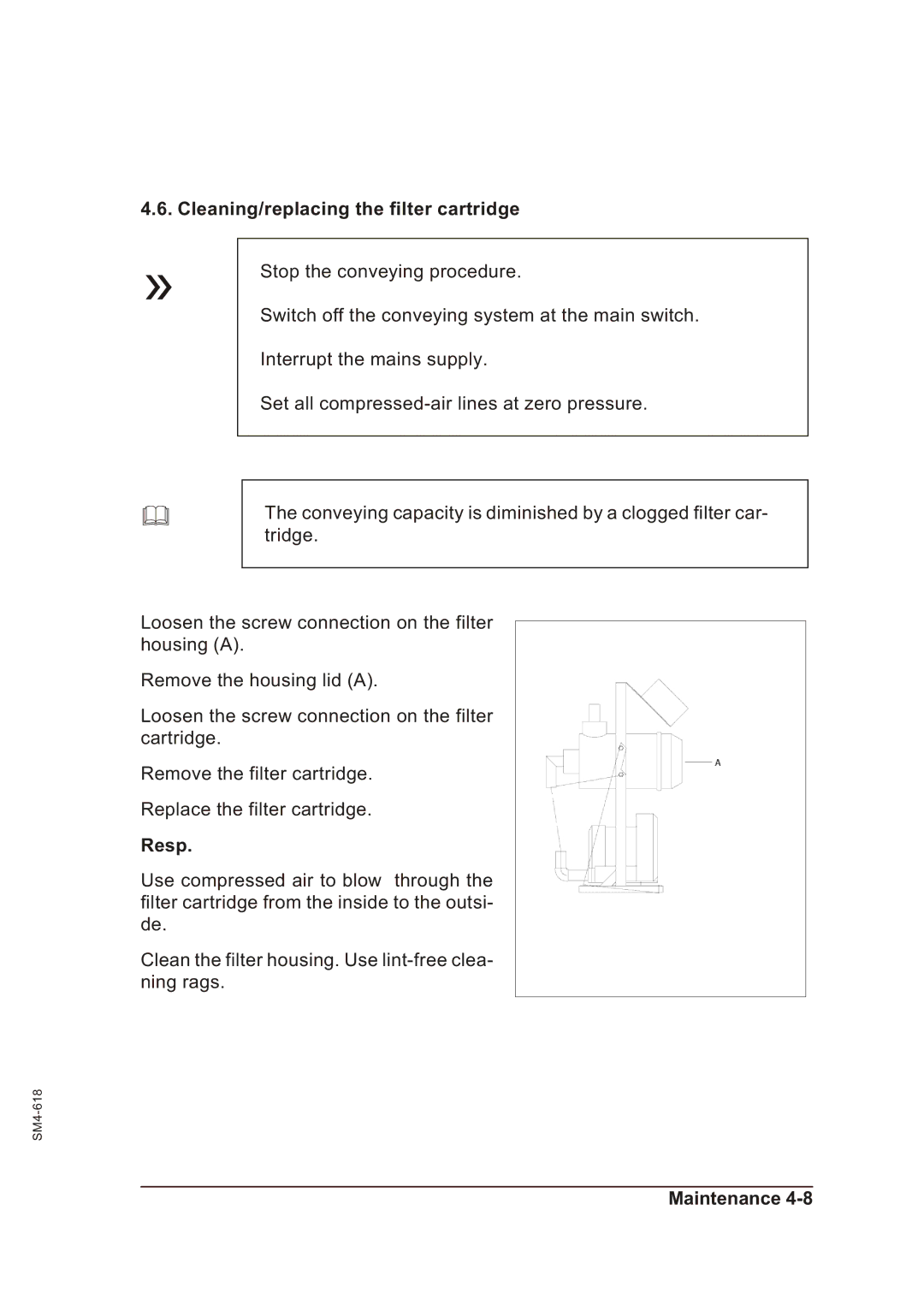 Sterling SGFE operating instructions Cleaning/replacing the filter cartridge, Resp 