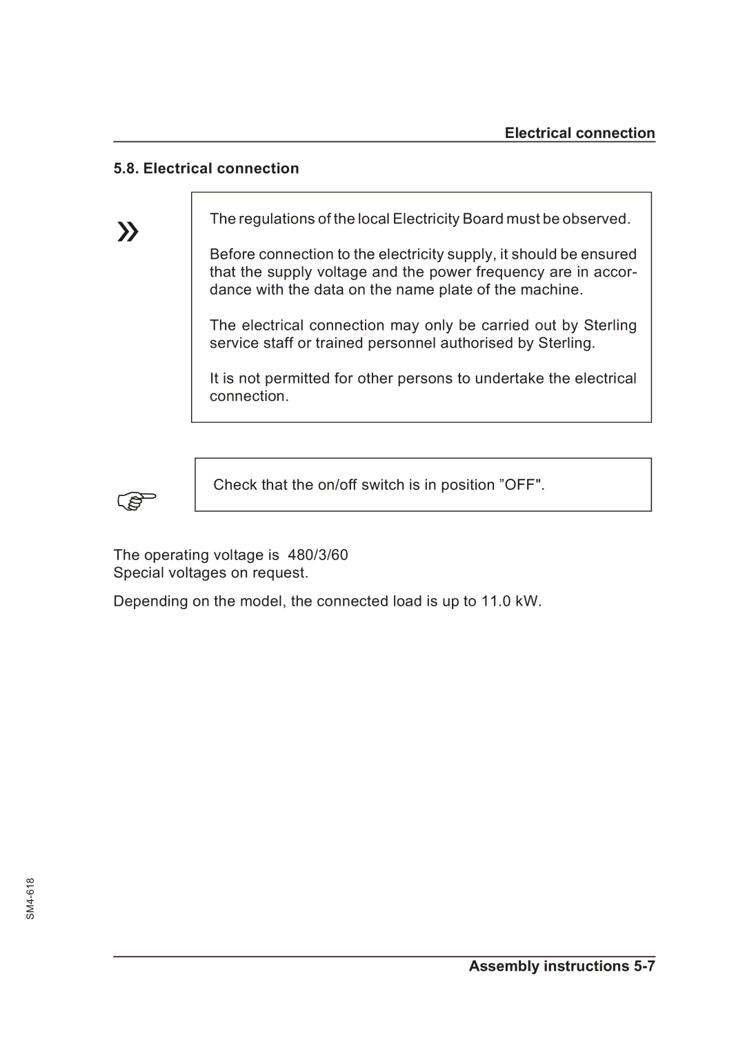 Sterling SGFE operating instructions Electrical connection 