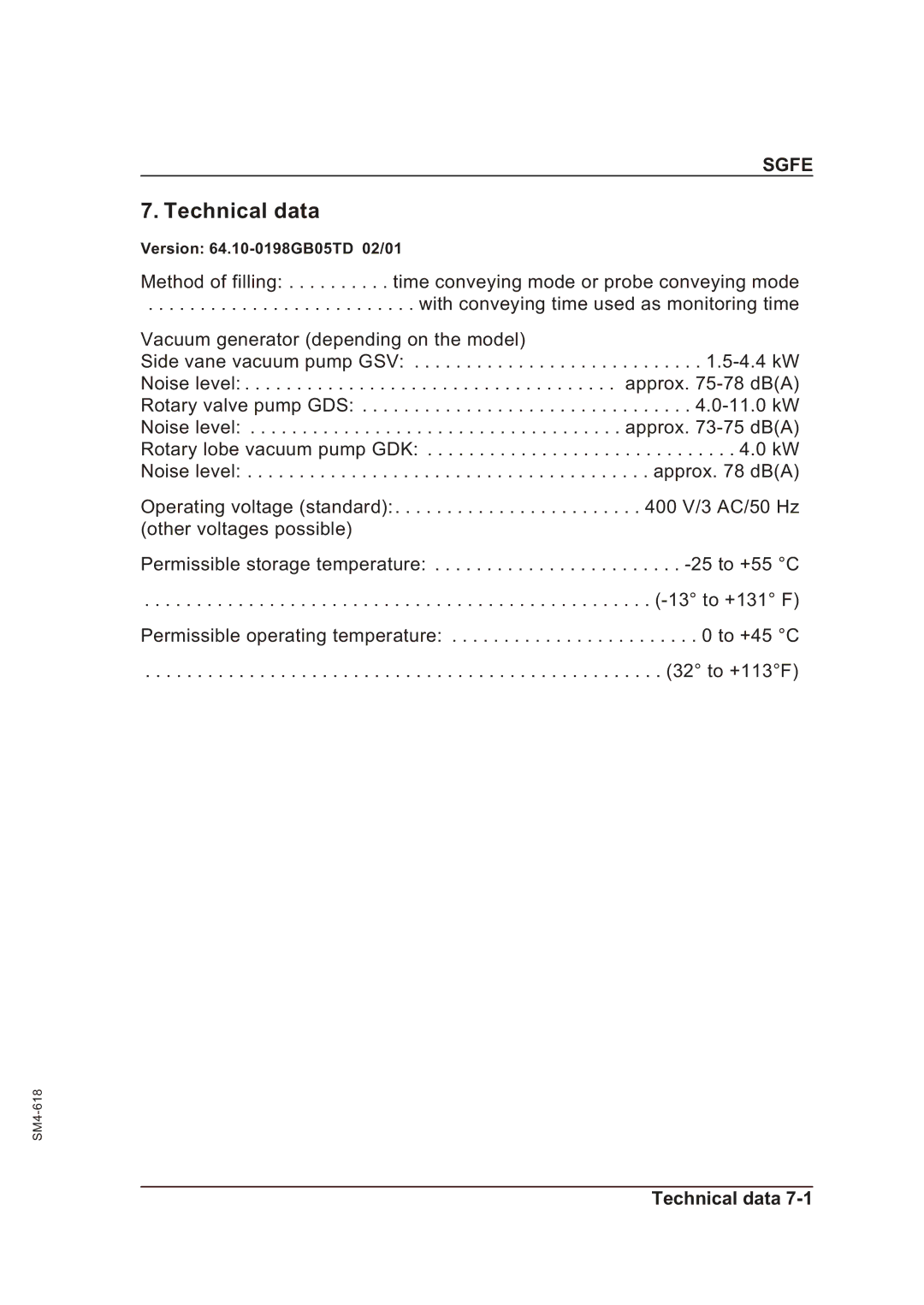 Sterling SGFE operating instructions Technical data 