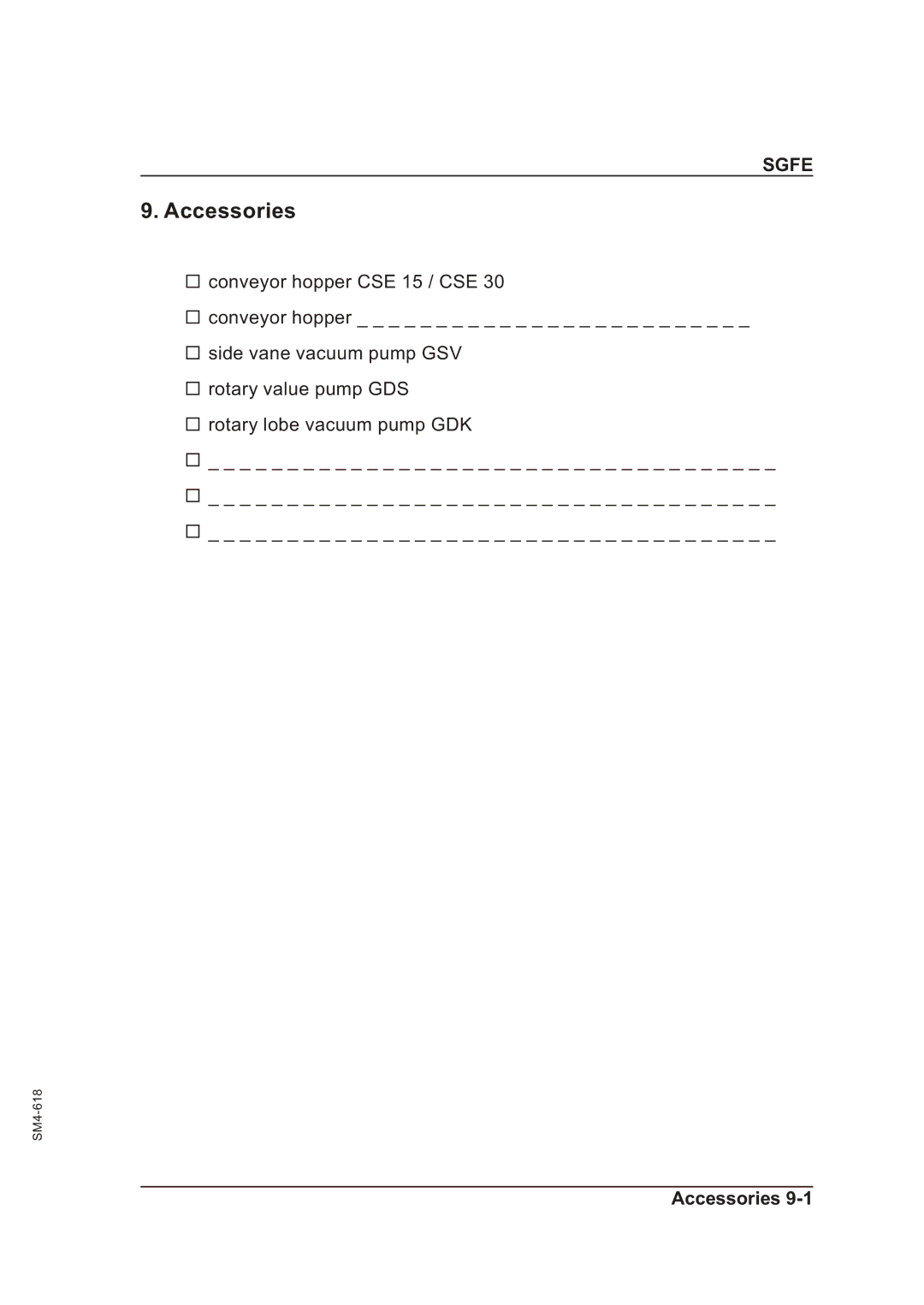 Sterling SGFE operating instructions Accessories 