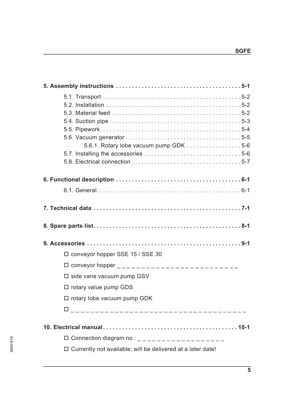 Sterling SGFE Assembly instructions, Functional description, Technical data Spare parts list Accessories 