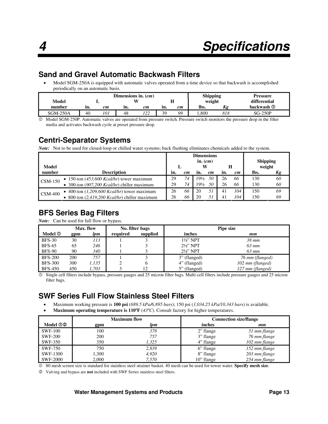 Sterling SGM-250A manual 4Specifications, Sand and Gravel Automatic Backwash Filters, Centri-Separator Systems 