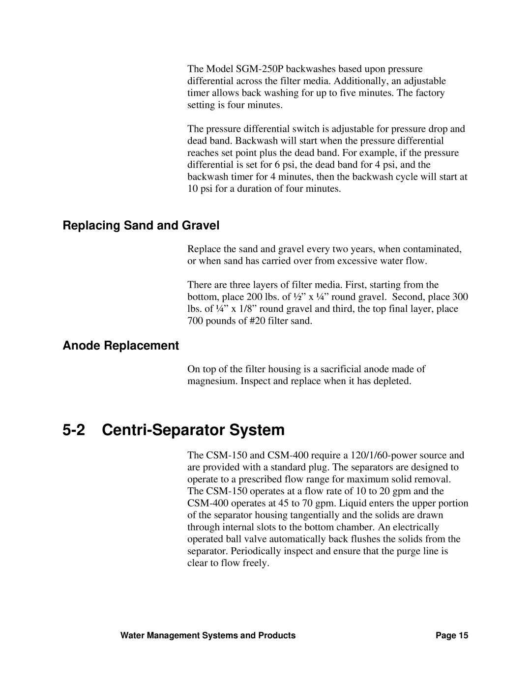 Sterling SGM-250A manual Centri-Separator System, Replacing Sand and Gravel, Anode Replacement 