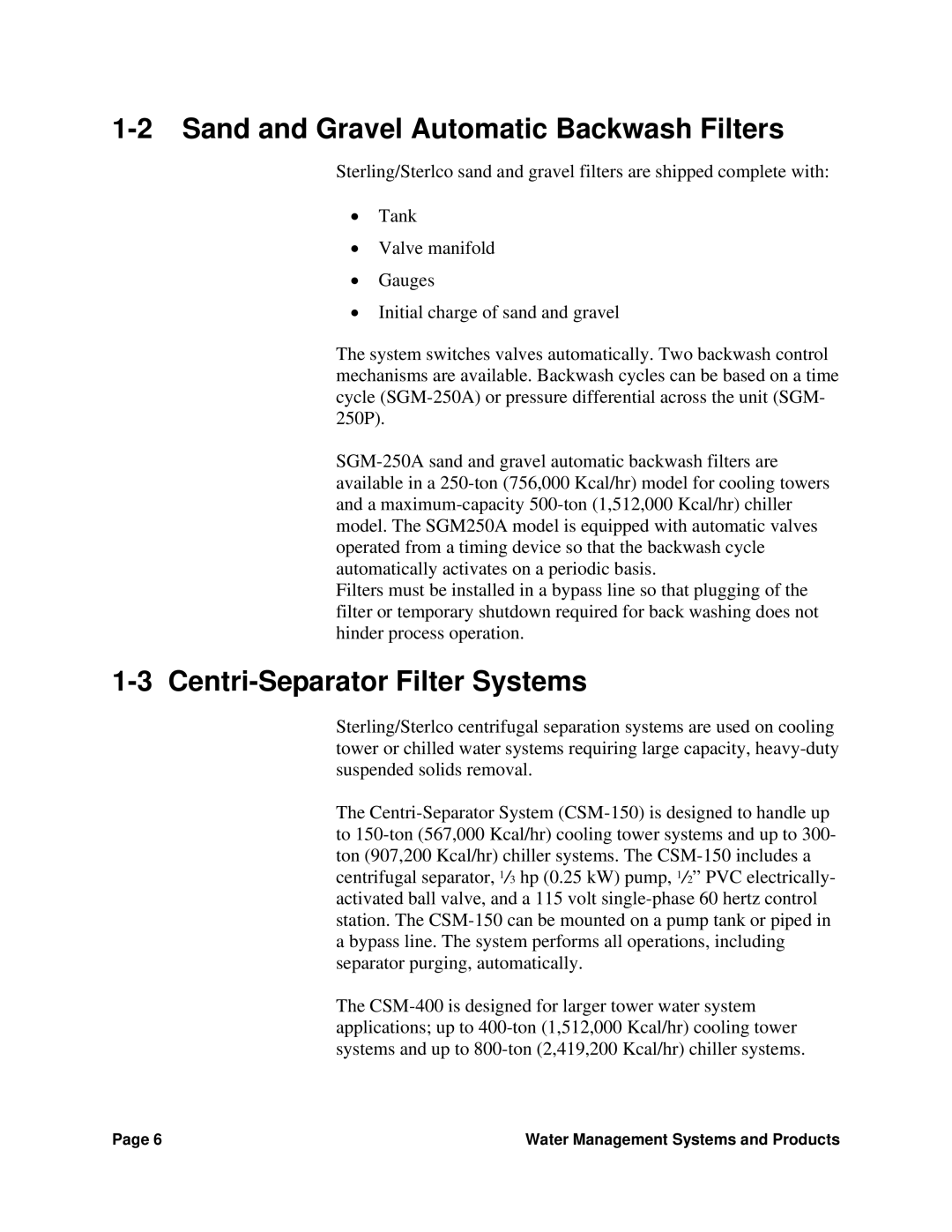 Sterling SGM-250A manual Sand and Gravel Automatic Backwash Filters, Centri-Separator Filter Systems 