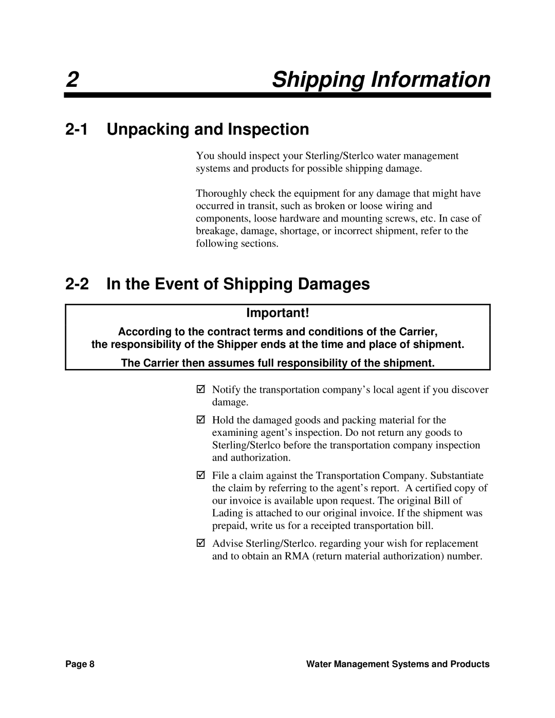 Sterling SGM-250A manual Unpacking and Inspection, Event of Shipping Damages 