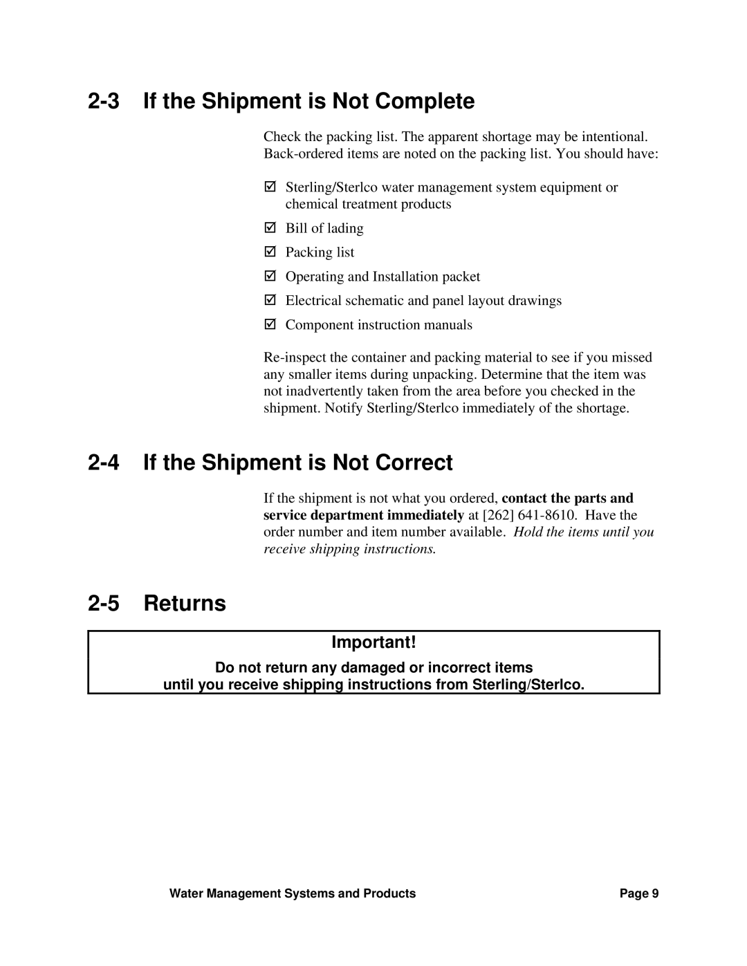 Sterling SGM-250A manual If the Shipment is Not Complete, If the Shipment is Not Correct, Returns 