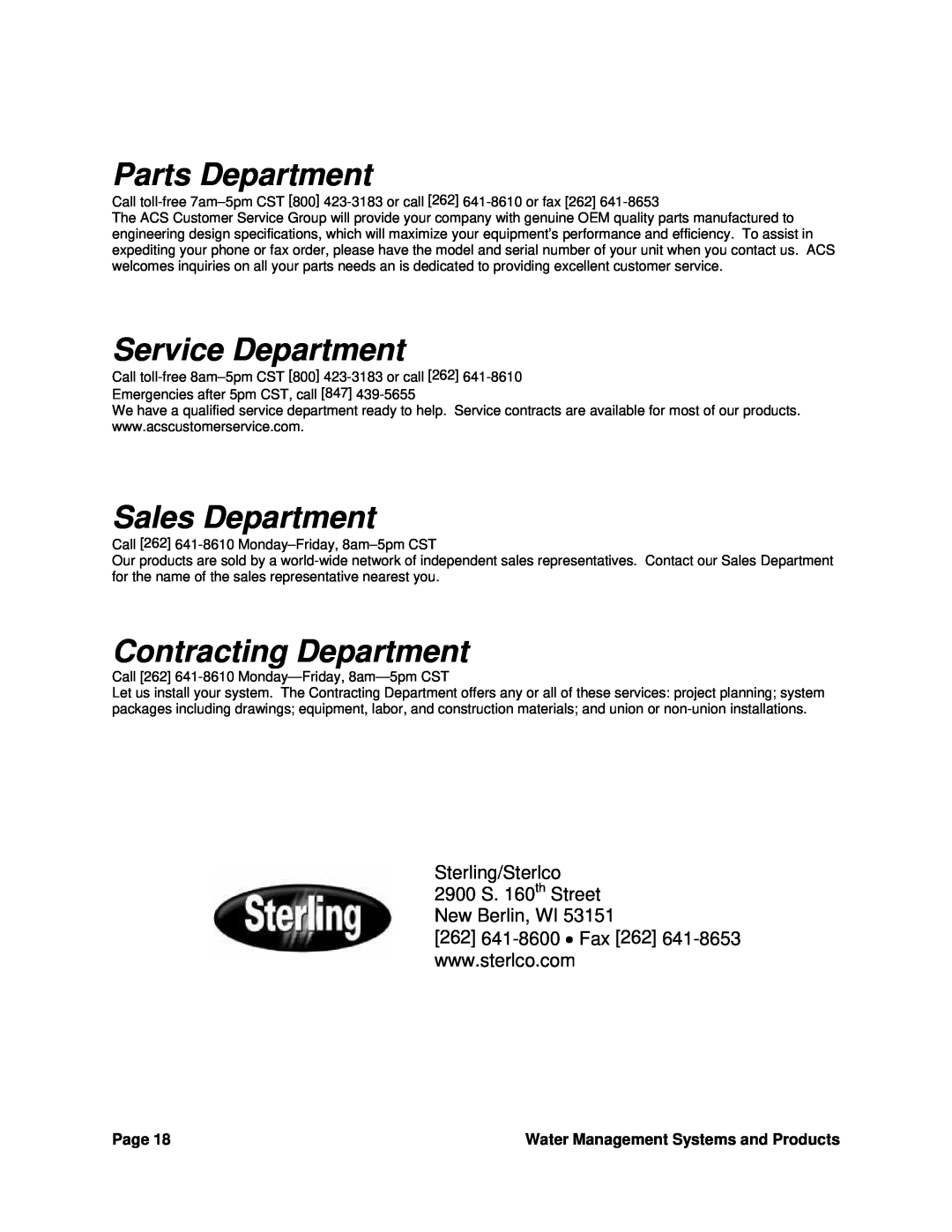 Sterling SGM-250A manual Parts Department, Service Department, Sales Department, Contracting Department, Page 