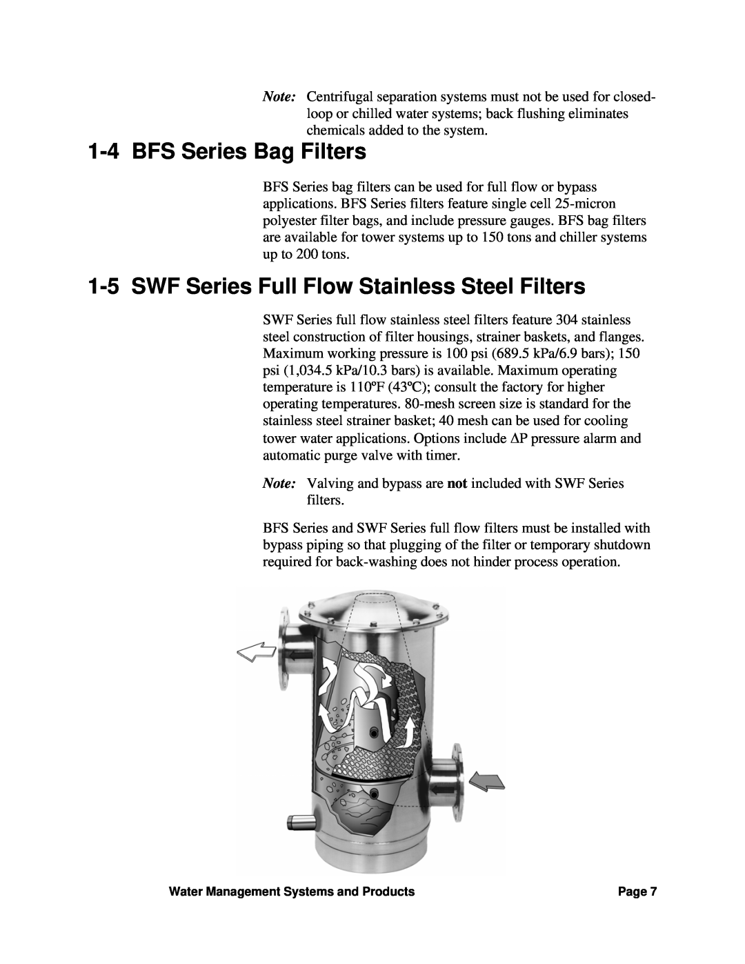 Sterling SGM-250A manual 1-4BFS Series Bag Filters, 1-5SWF Series Full Flow Stainless Steel Filters 
