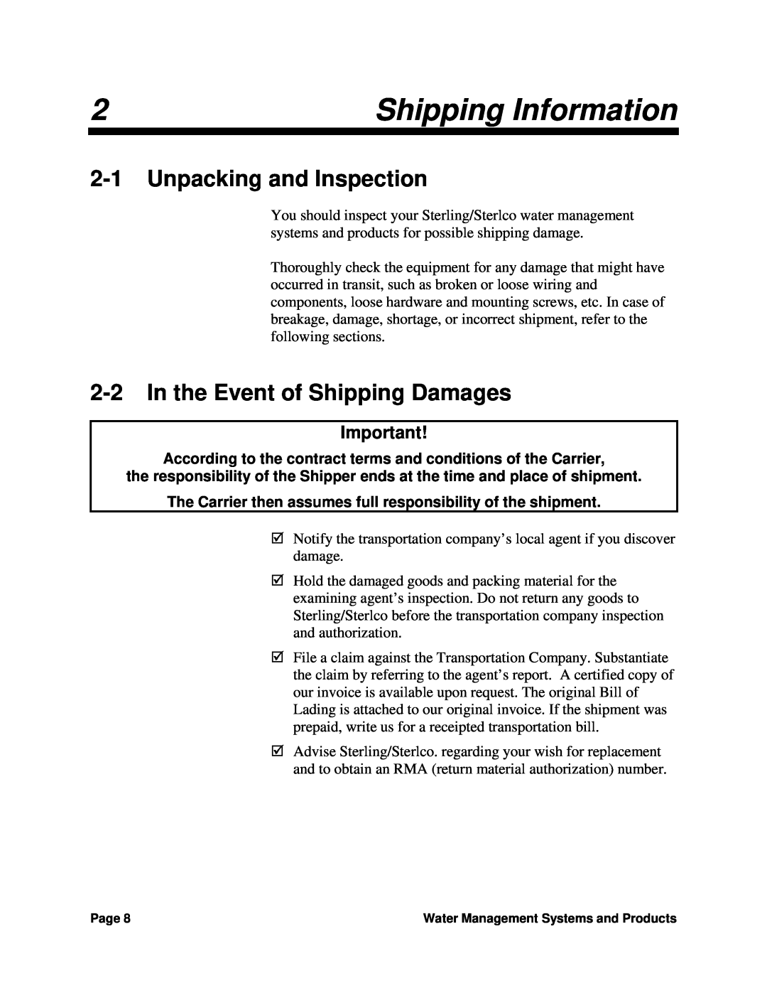 Sterling SGM-250A manual Shipping Information, 2-1Unpacking and Inspection, 2-2In the Event of Shipping Damages 