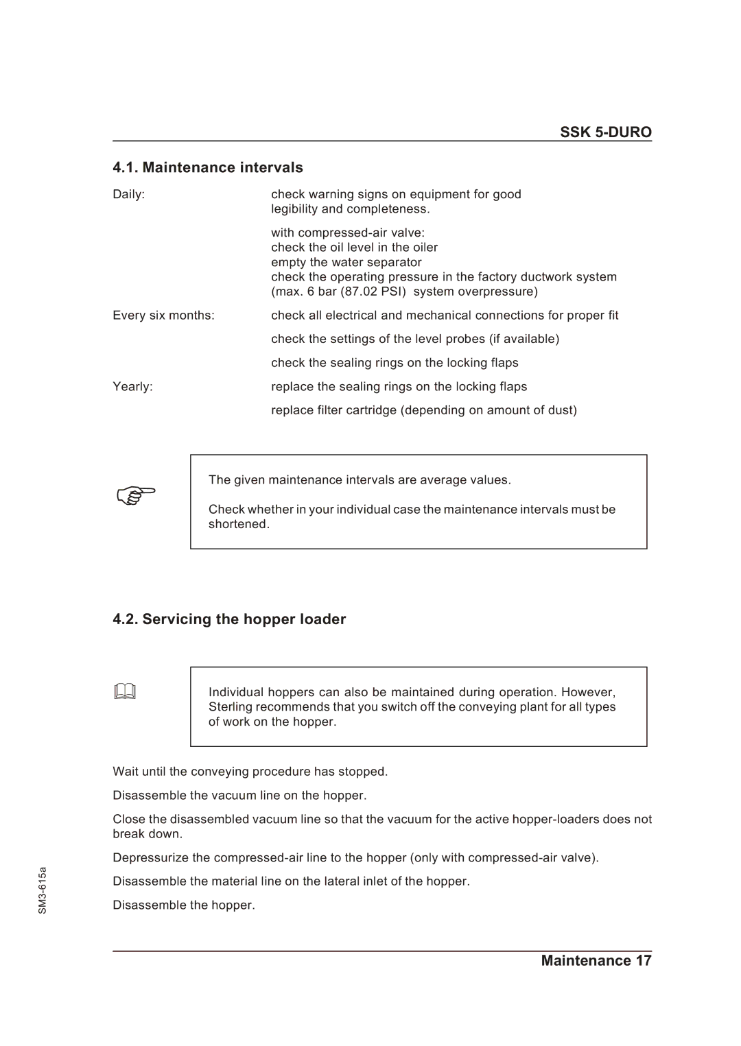 Sterling SM3-615a operating instructions Maintenance intervals, Servicing the hopper loader 