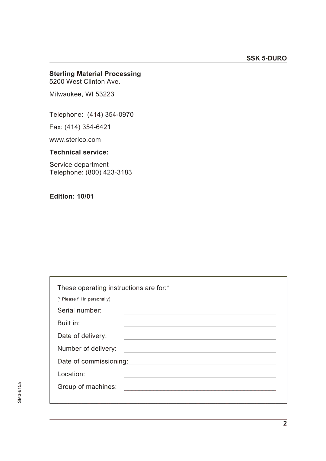 Sterling SM3-615a operating instructions Technical service, Edition 10/01 