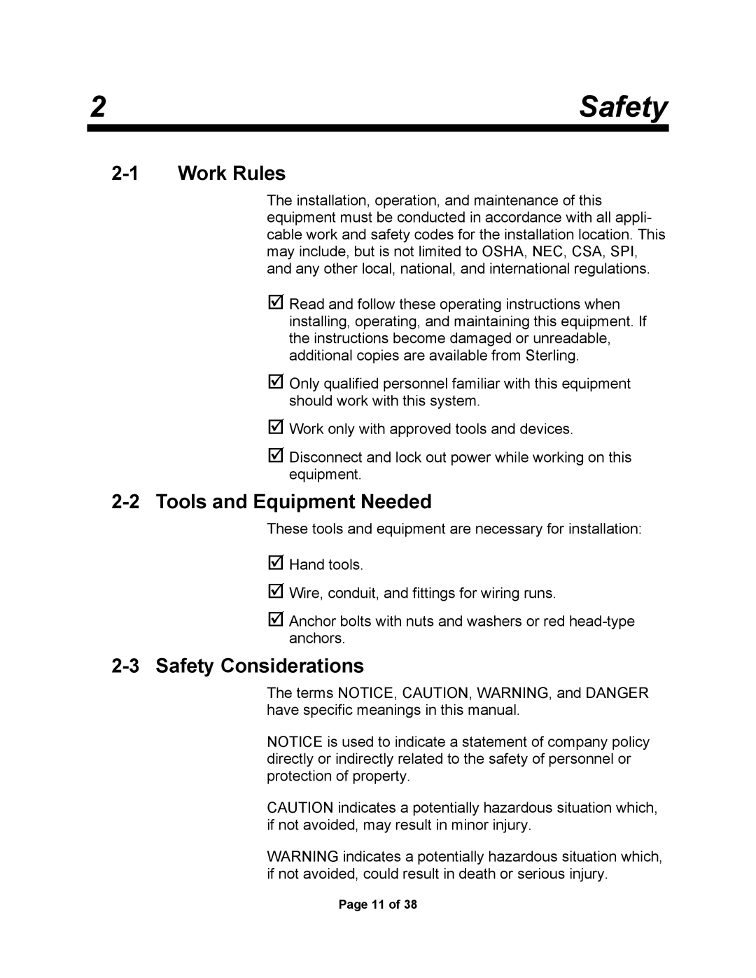 Sterling SSC1-5Q service manual Work Rules, Tools and Equipment Needed, Safety Considerations 