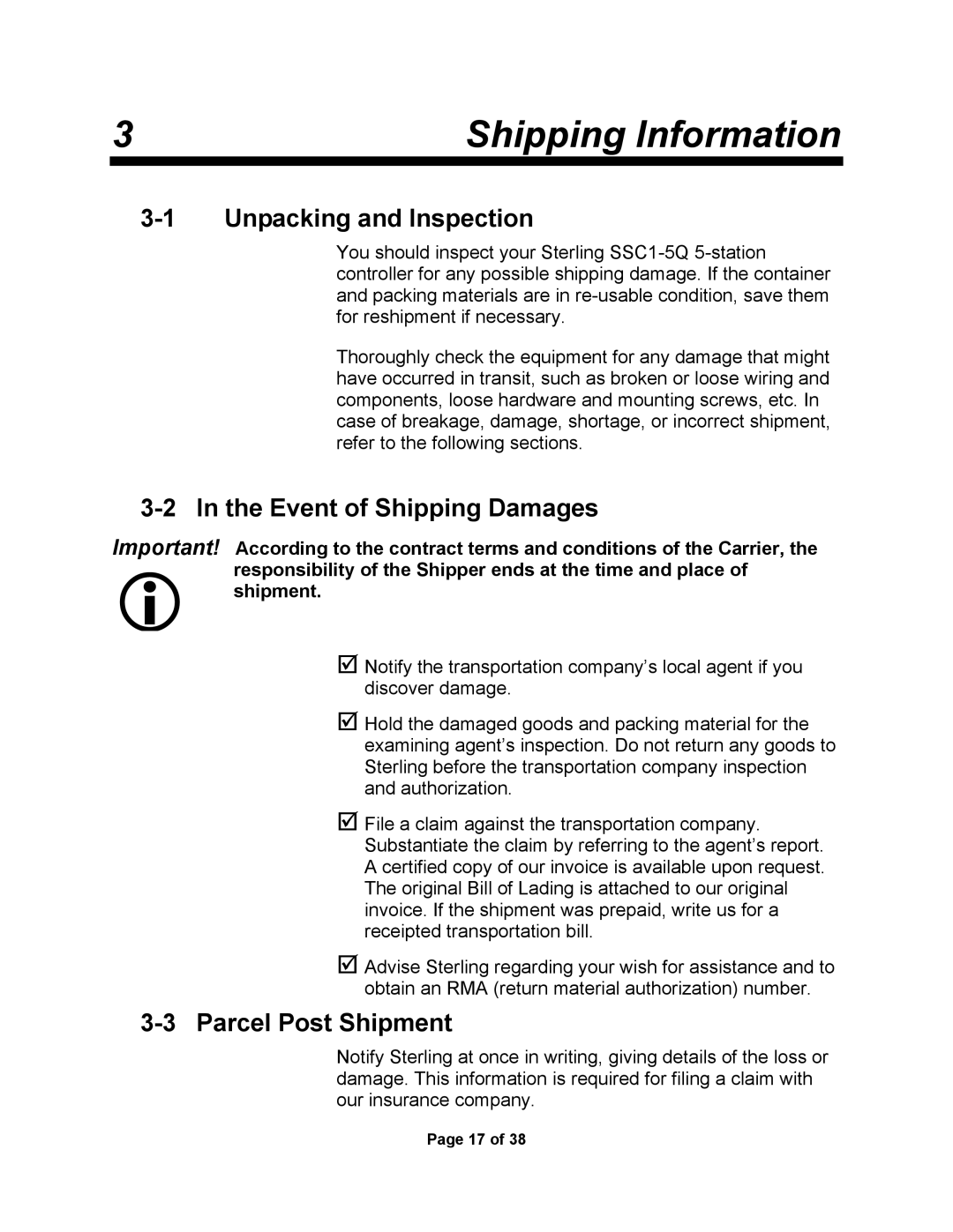 Sterling SSC1-5Q Shipping Information, Unpacking and Inspection, Event of Shipping Damages, Parcel Post Shipment 