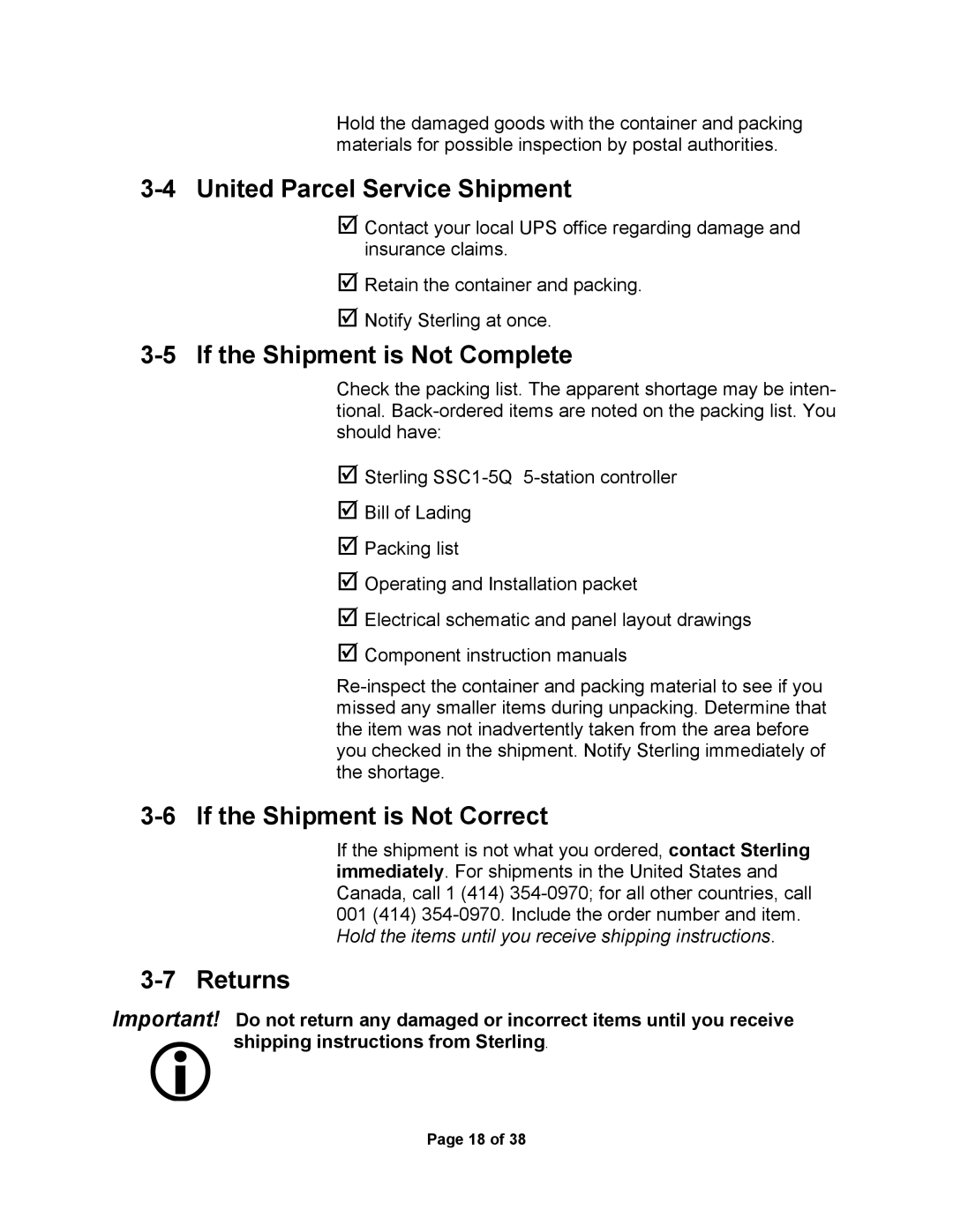 Sterling SSC1-5Q United Parcel Service Shipment, If the Shipment is Not Complete, If the Shipment is Not Correct, Returns 