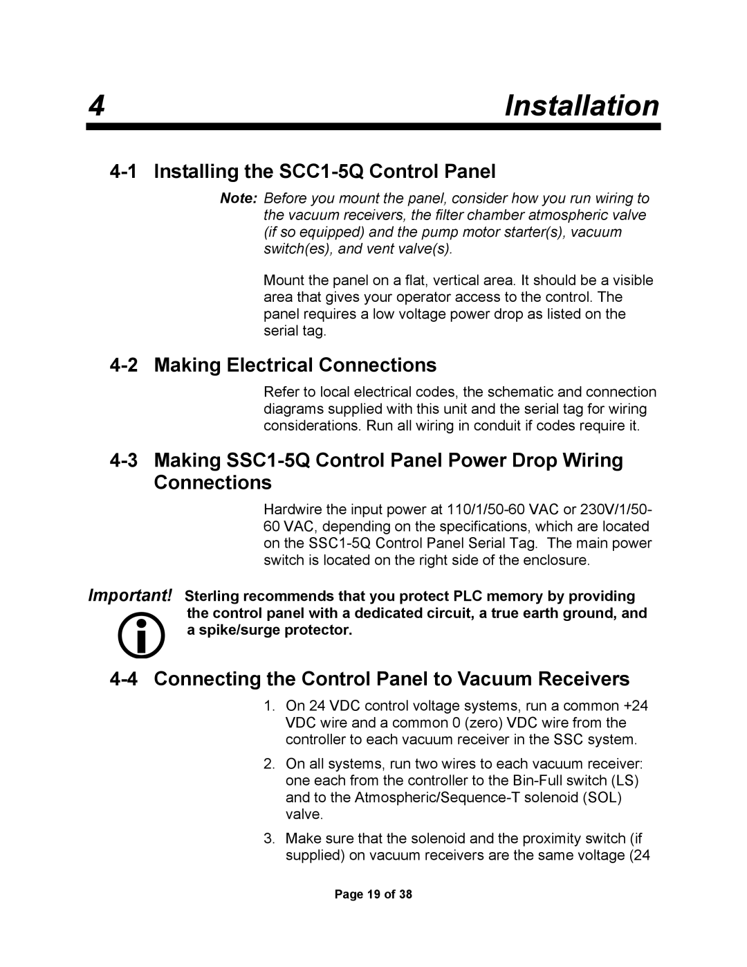 Sterling SSC1-5Q service manual Installation, Installing the SCC1-5Q Control Panel, Making Electrical Connections 